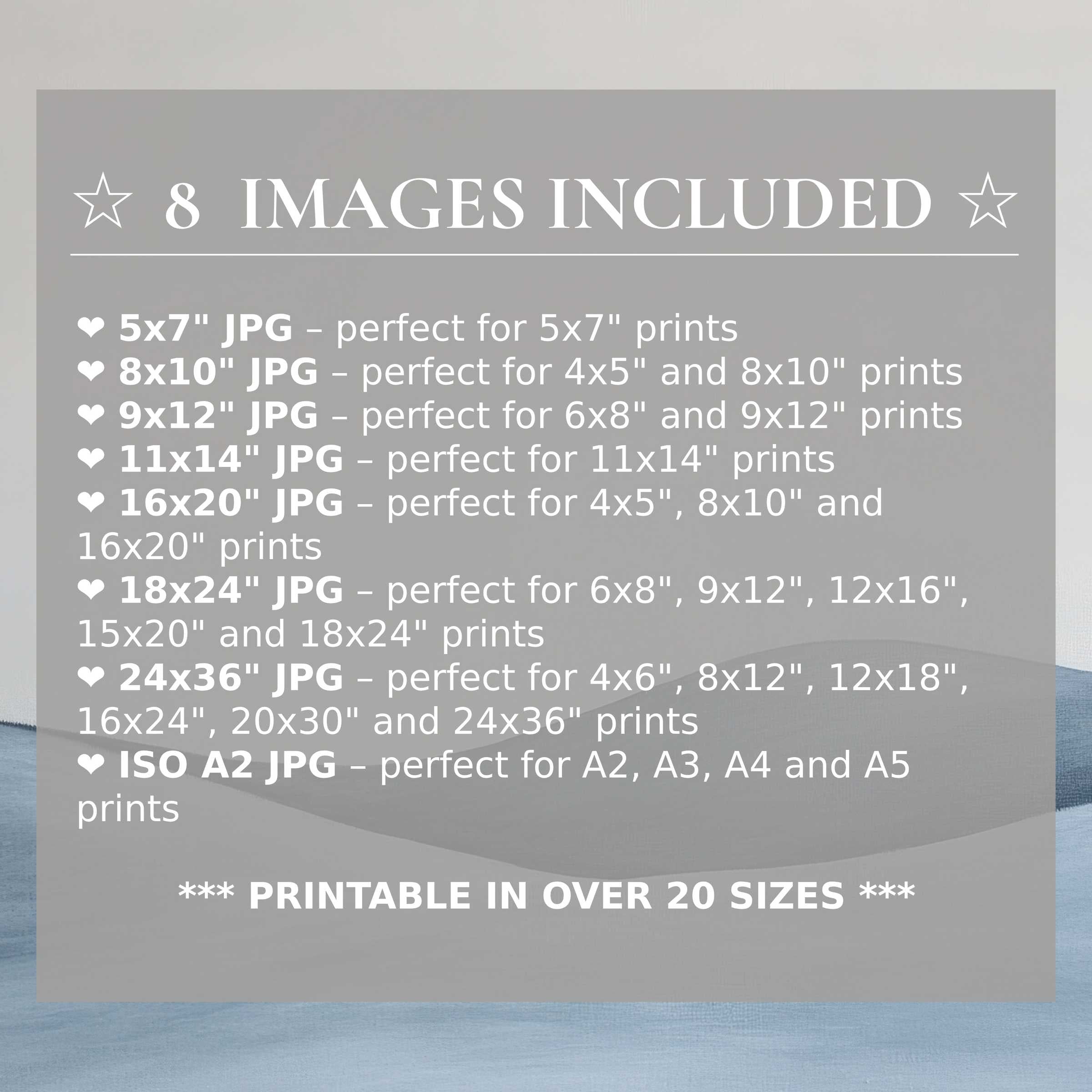 Minimalist digital print in serene blues and soft grays, radiating calm and refinement, includes 8 high-quality sizes for versatile modern luxury