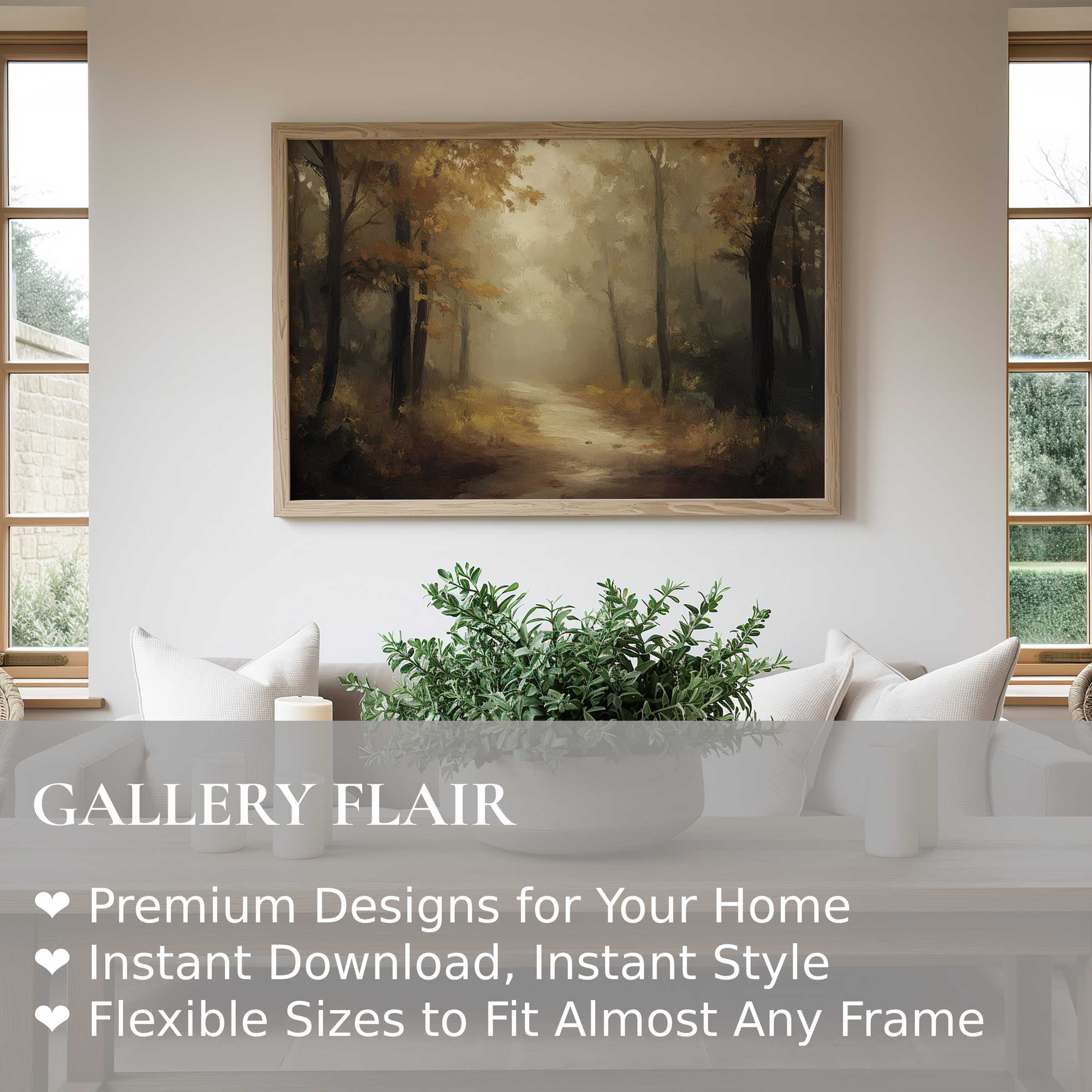 Fall wall art print depicting a serene forest path in muted ochres and browns, enhancing modern minimalist interiors with calming, nature-inspired elegance