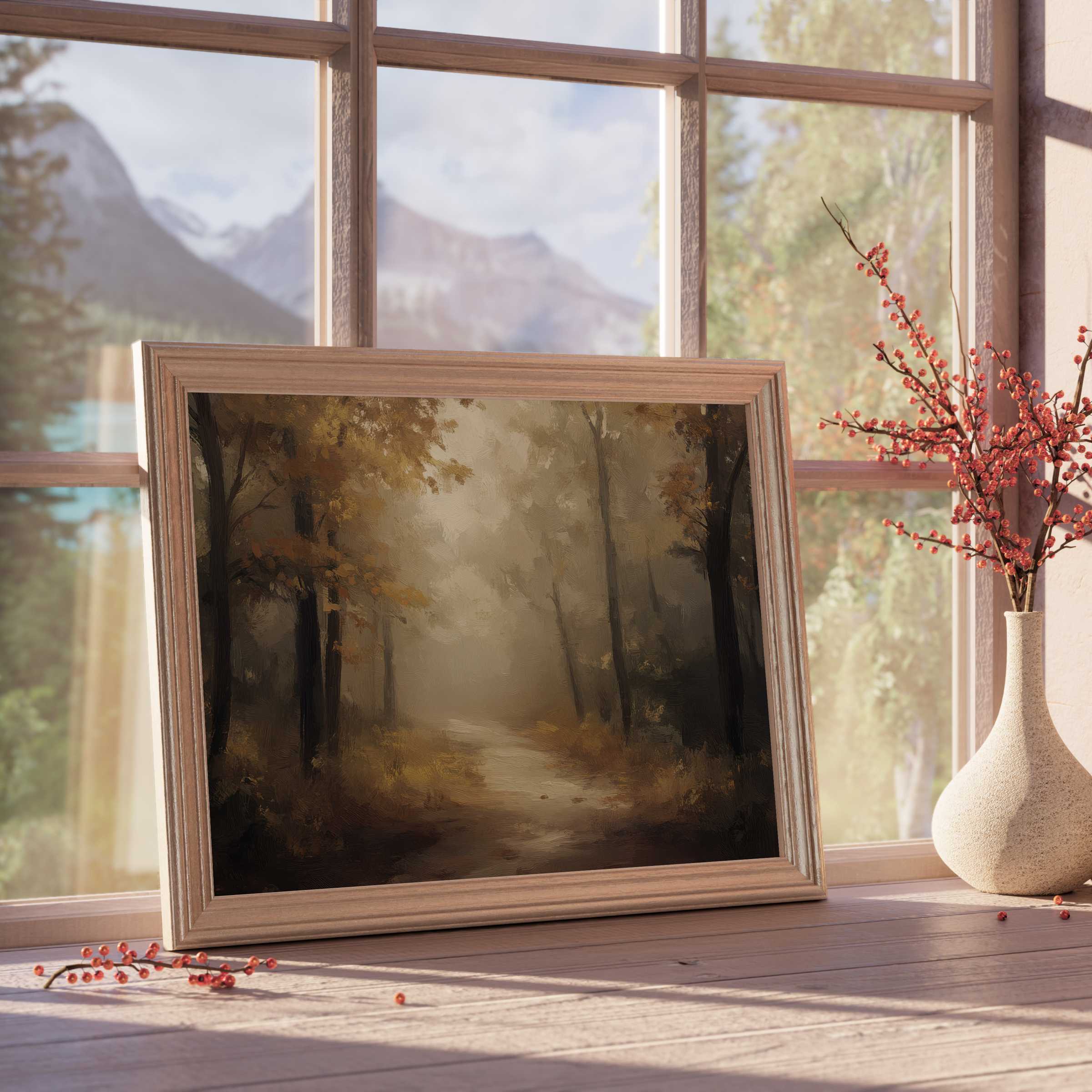 Fall downloadable art capturing a serene misty forest path, enhancing tranquil, curated interiors with warm, earthy elegance and seasonal charm