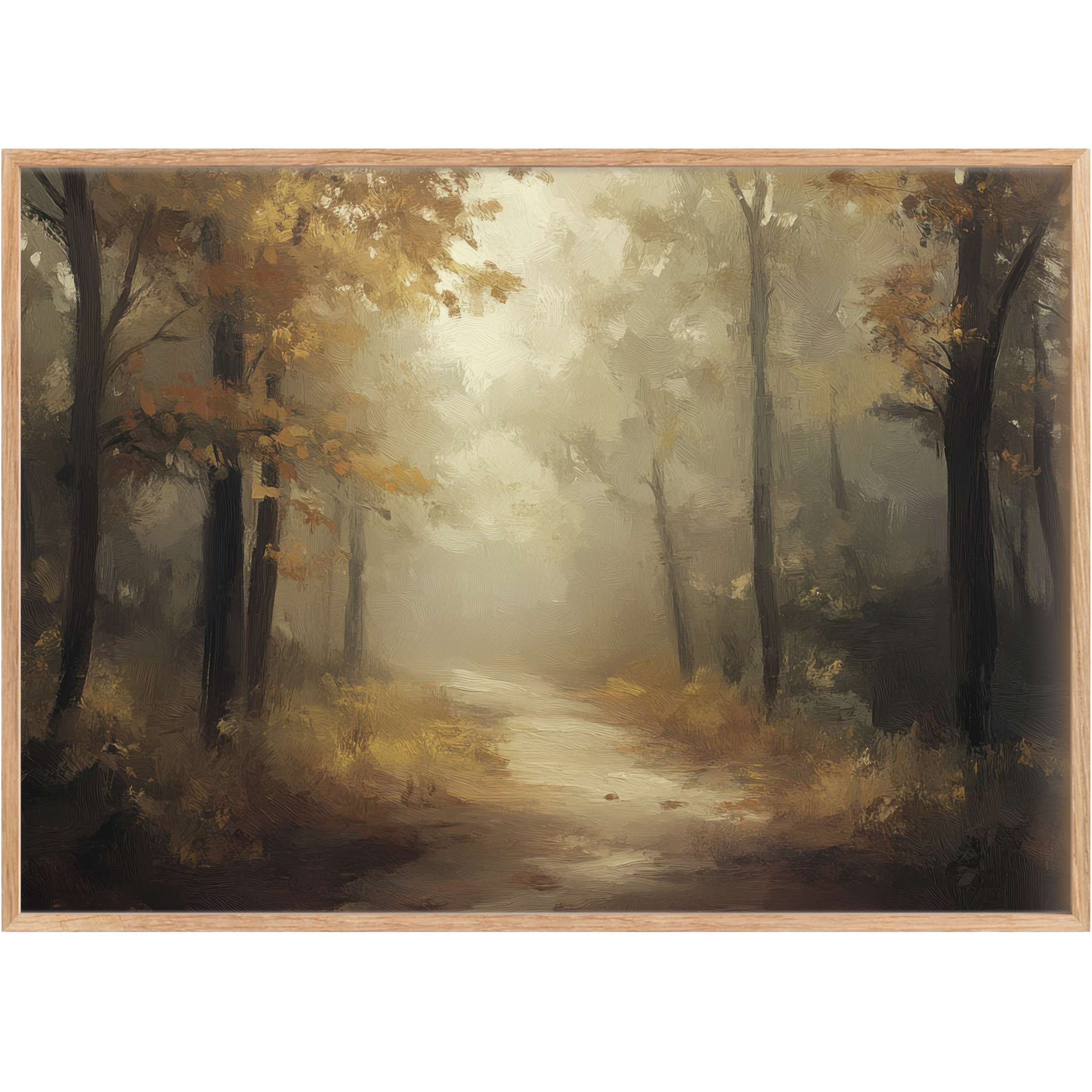 Evoke serene autumnal elegance with fall printable wall art, featuring misty woods in warm amber and soft taupe