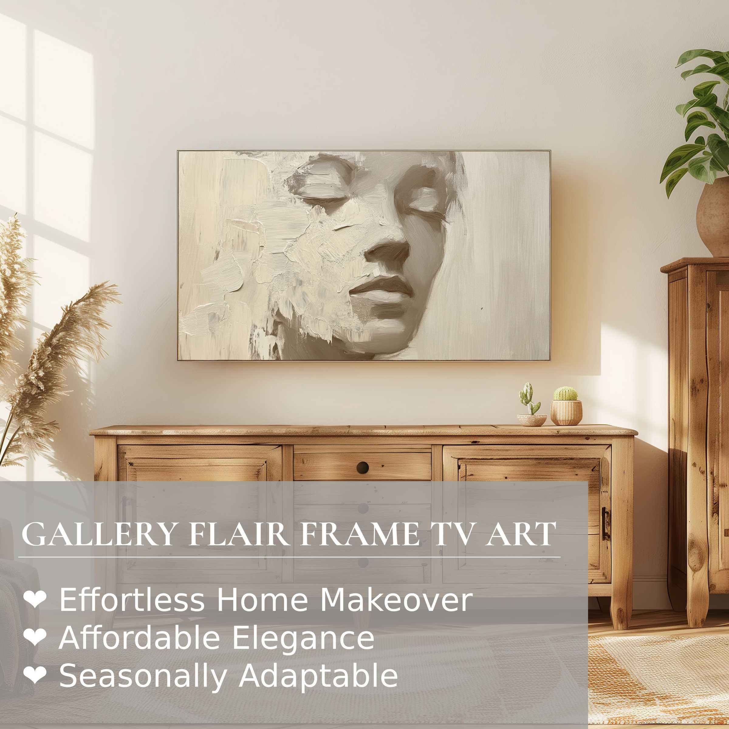 Samsung Frame TV showcasing neutral digital artwork of a serene face in a warm, elegant modern setting