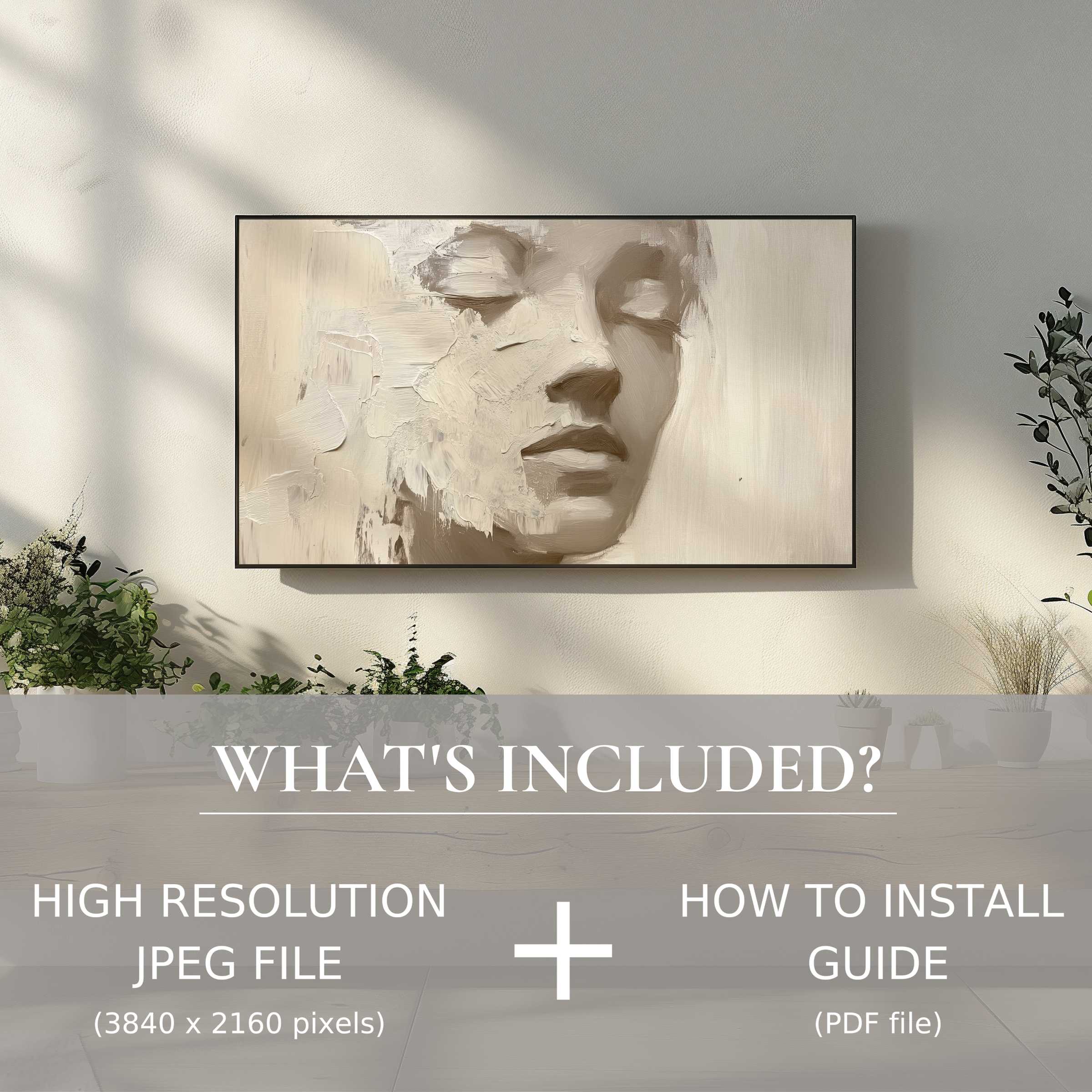Neutral digital TV art download enhances chic living rooms with elegant ease and seamless digital installation