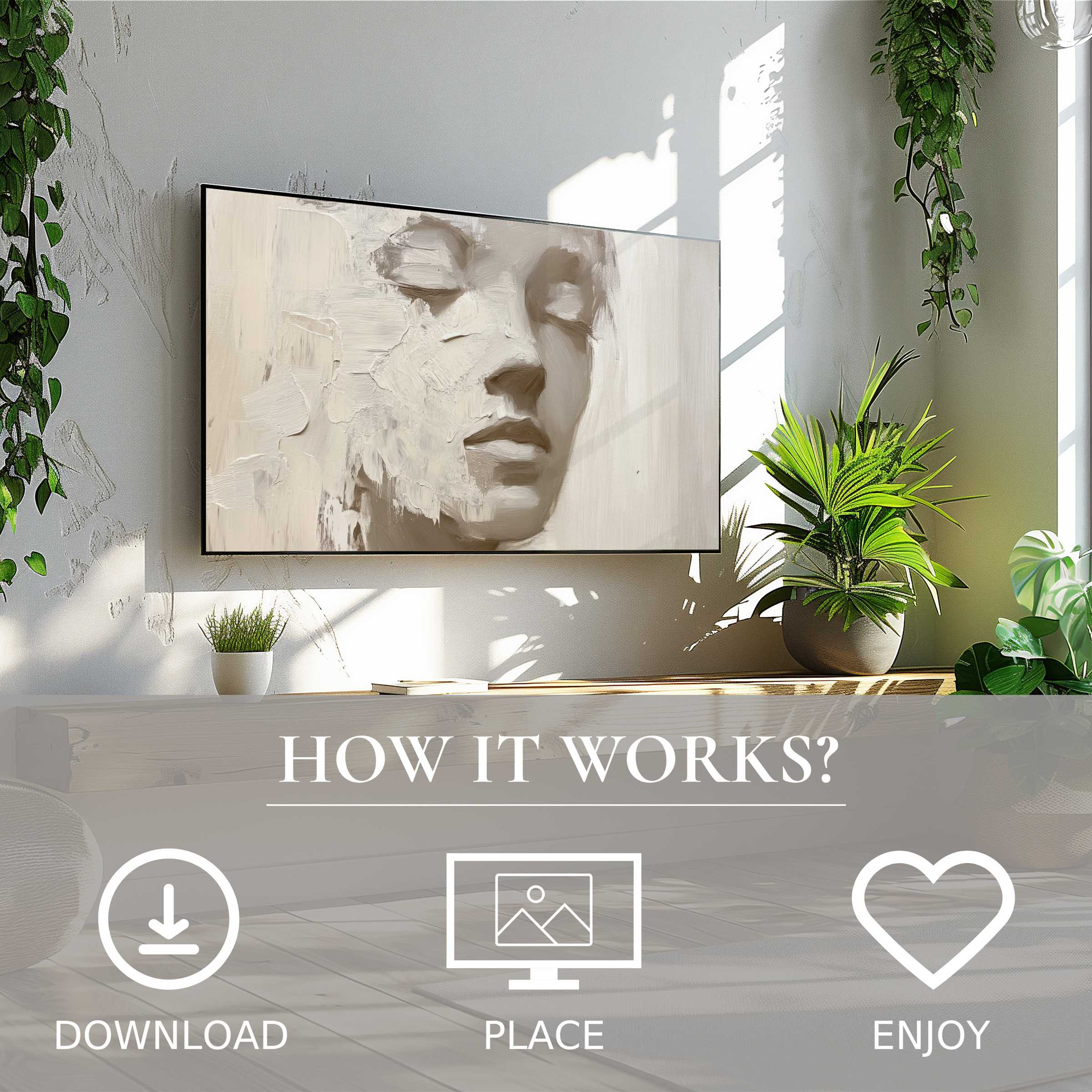 Neutral art for Samsung TV shows soft beige face motif on The Frame, easy digital download enriches modern living spaces