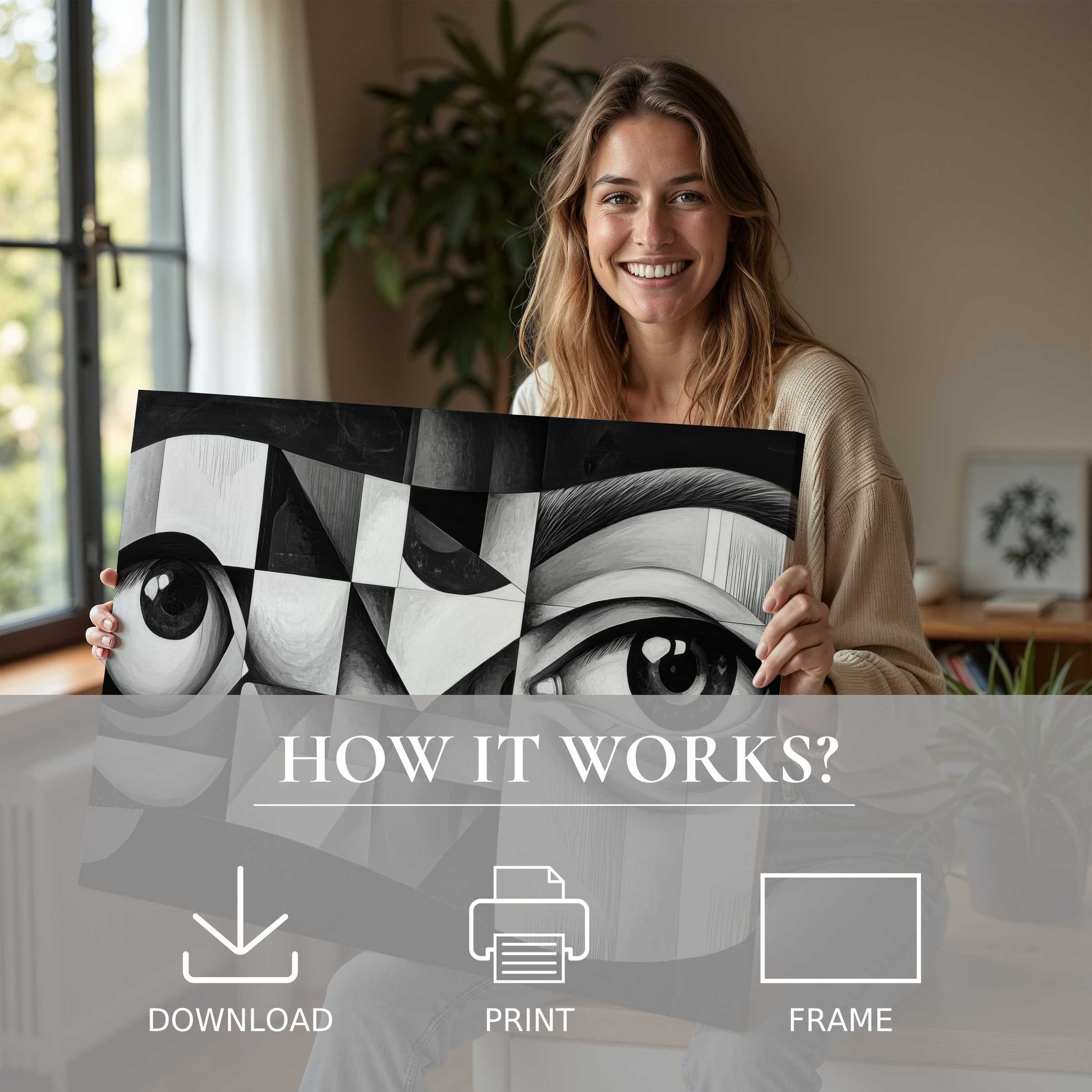 A radiant moment of connection and joy as a woman embraces a black and white digital art print, transforming her modern home with timeless elegance