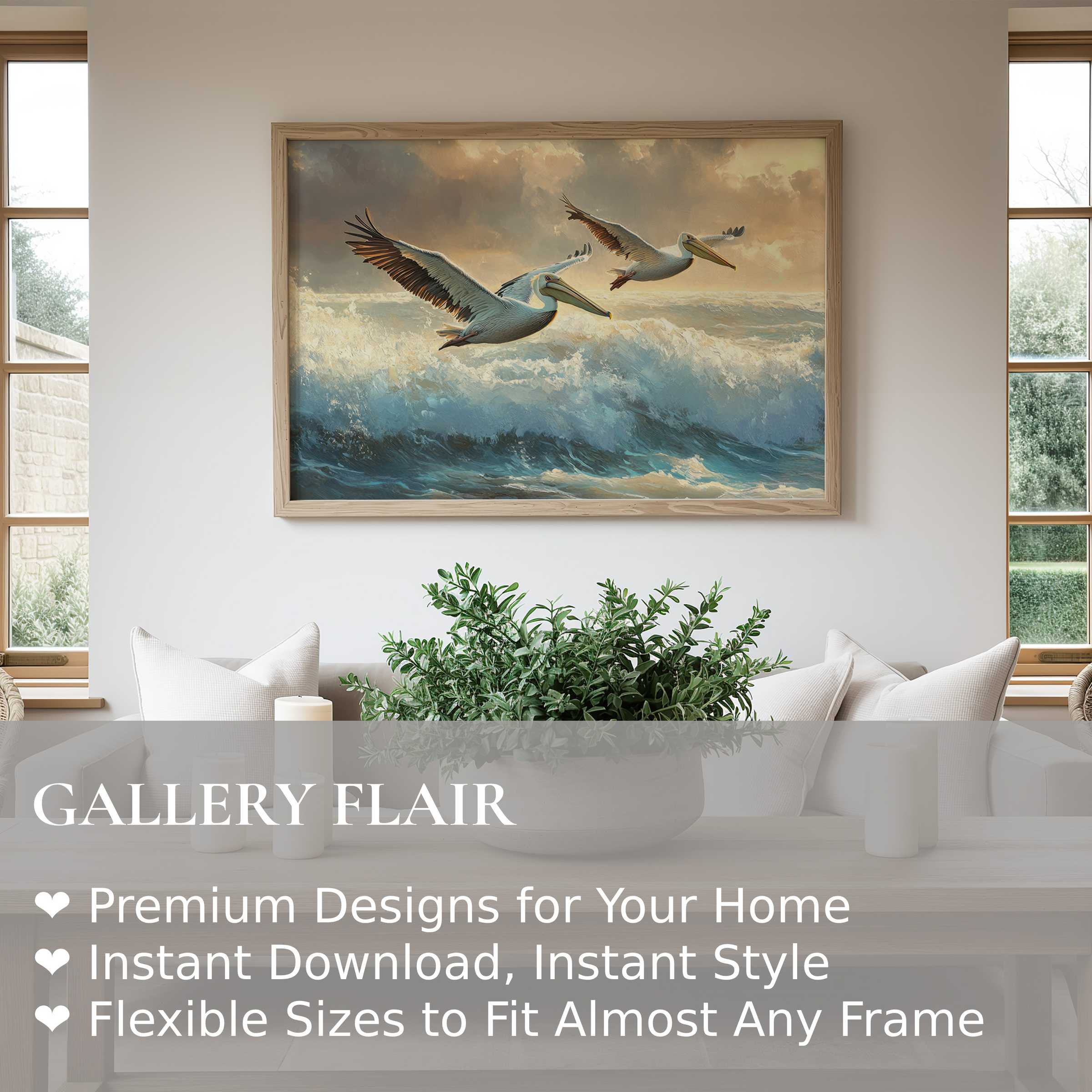 Coastal wall art print showcasing graceful pelicans over dynamic ocean waves, adding serene, radiant charm to modern coastal interiors