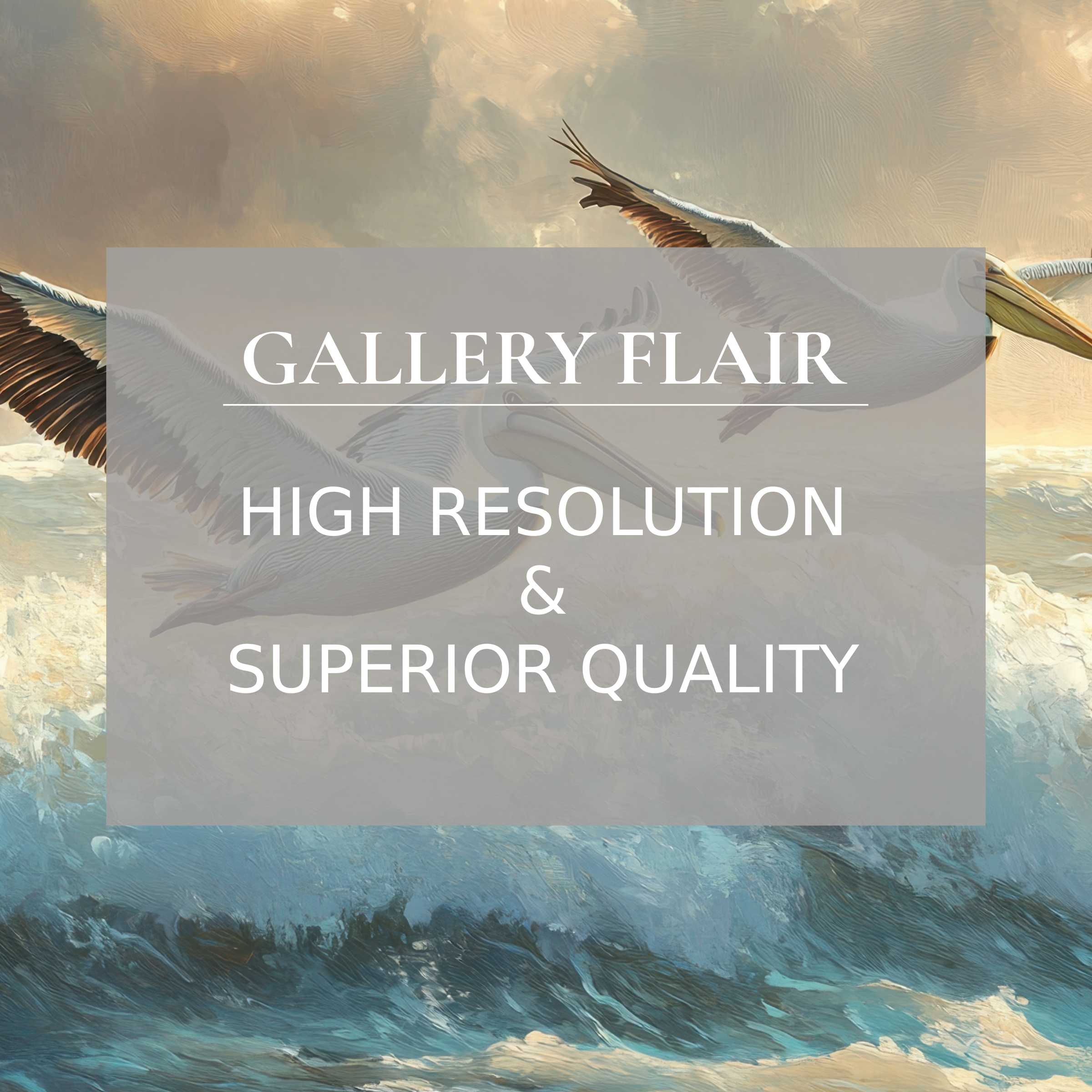 Coastal printable art capturing serene pelicans in flight above shimmering waves, elevating modern interiors with exquisite detail and calm