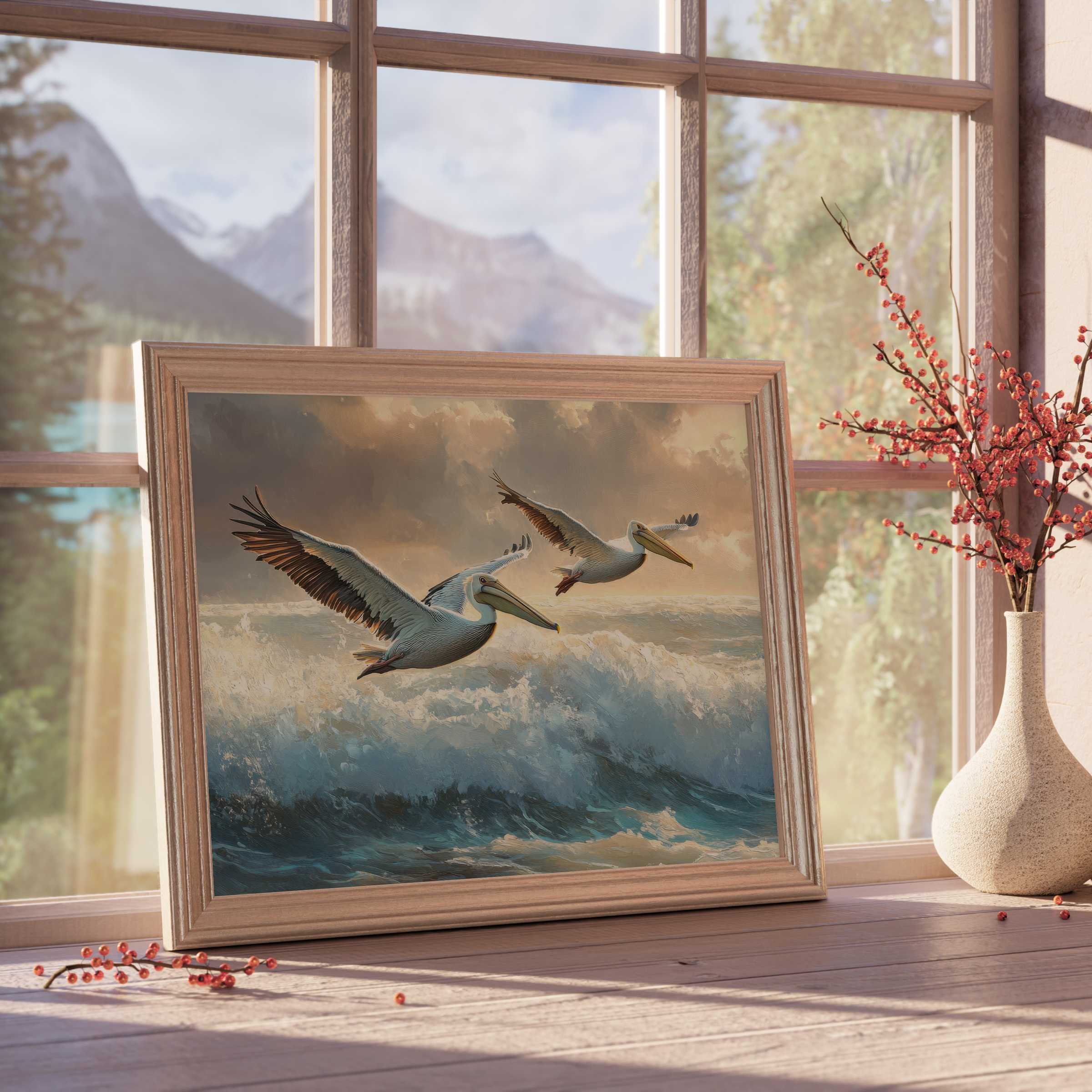 Coastal downloadable art capturing serene pelicans over rolling waves, perfect for tranquil, curated coastal home decor