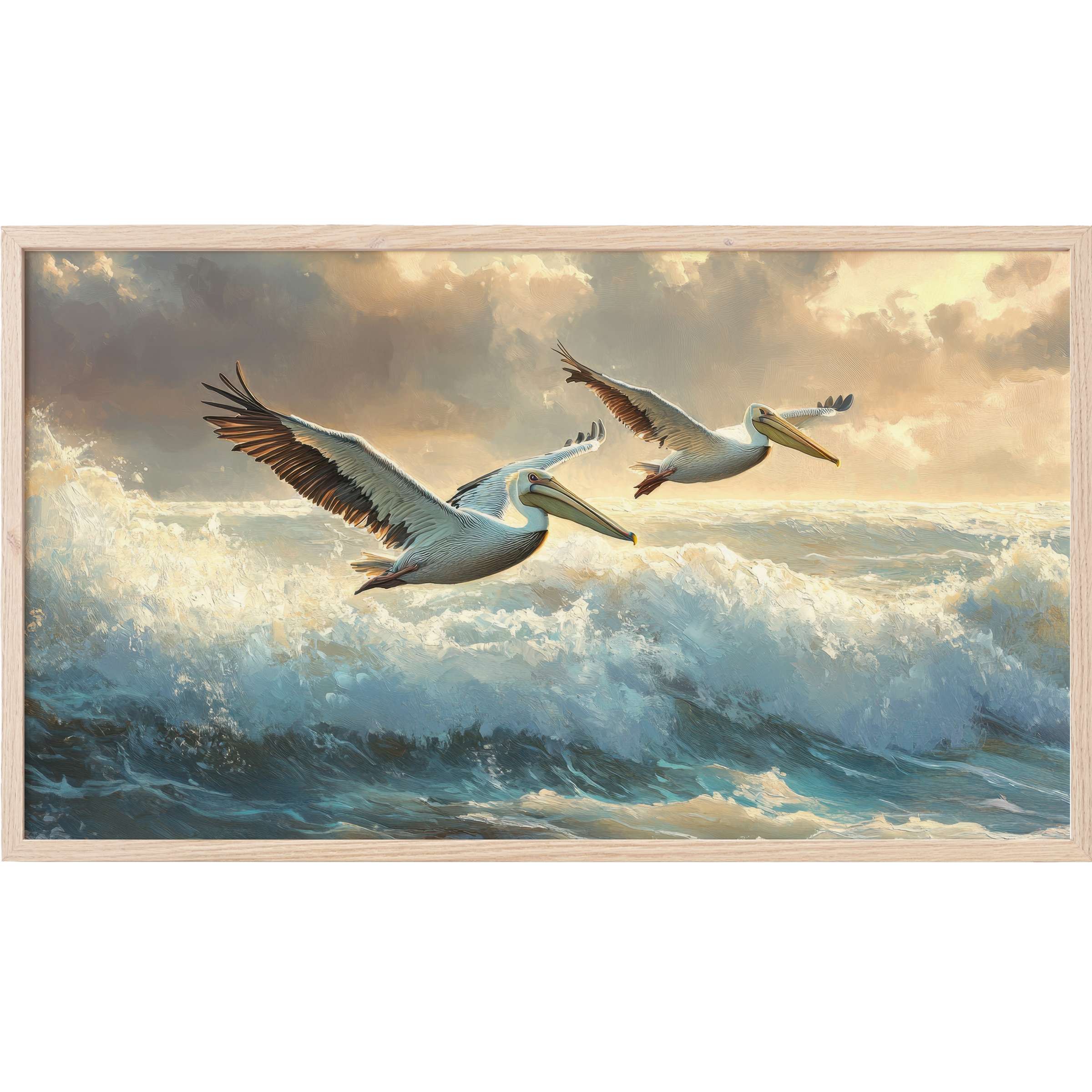 Elegant coastal Frame TV Art depicting two pelicans soaring over crashing waves in soft blues and warm golds