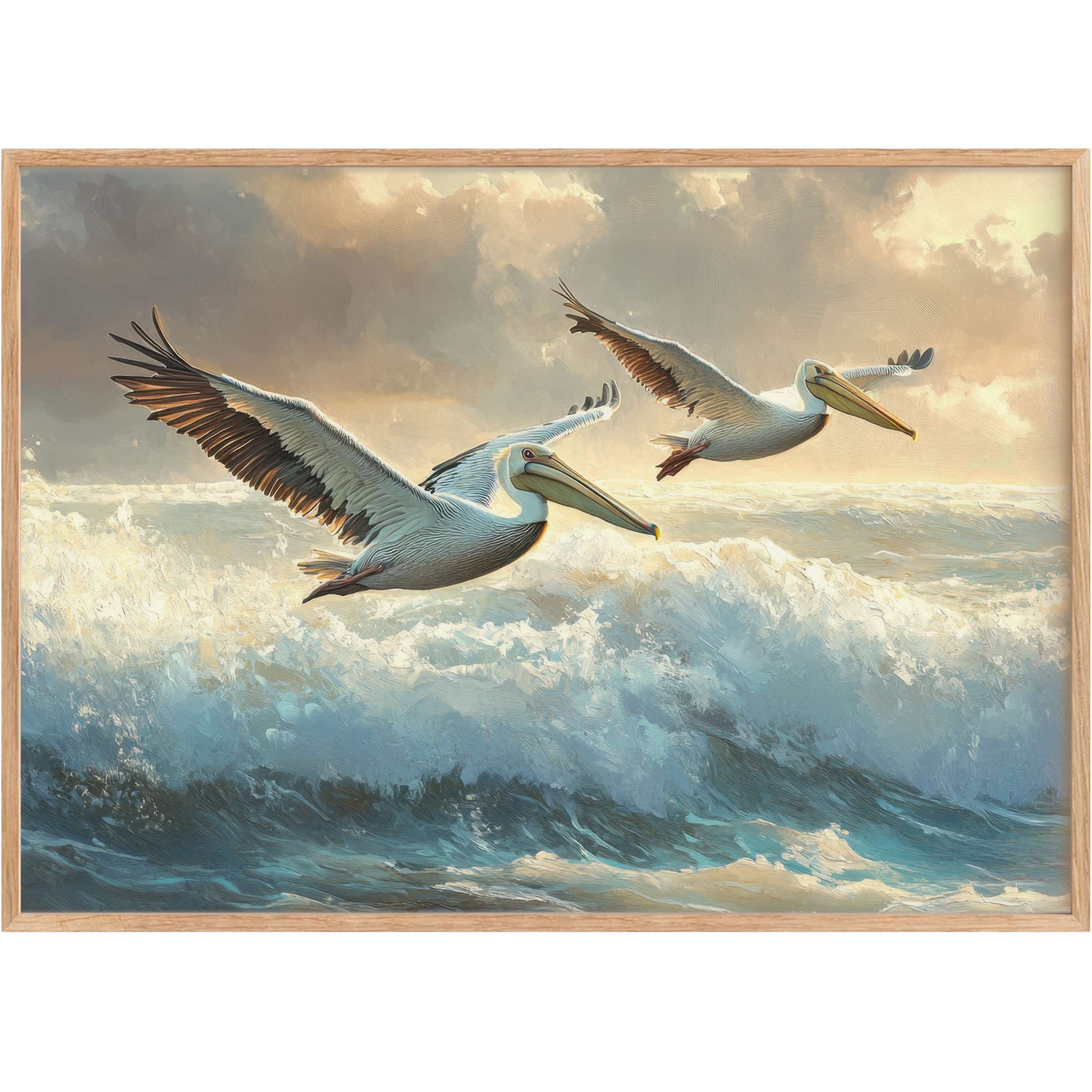 Coastal printable wall art featuring graceful pelicans soaring over luminous, dynamic waves at dawn, evoking serene freedom and coastal elegance