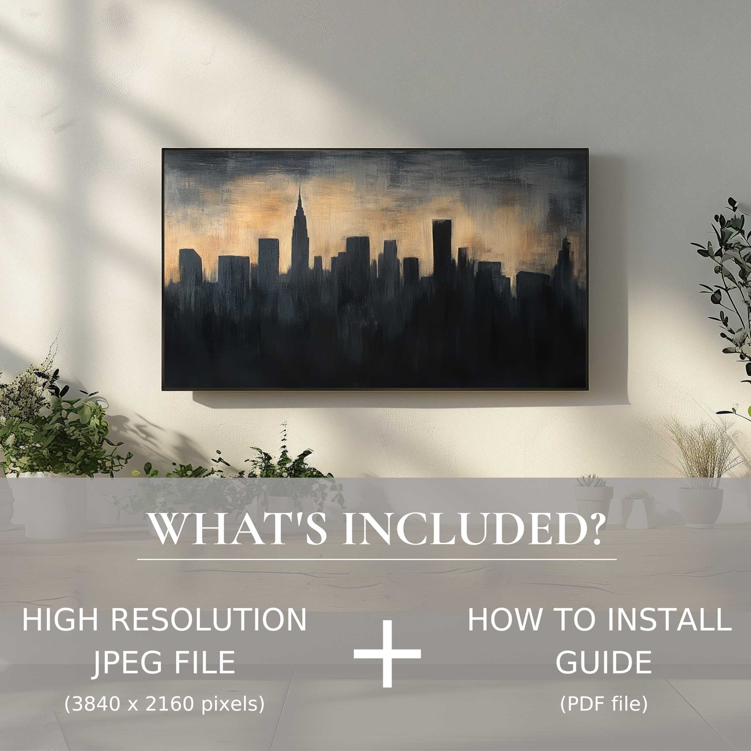 Elegant urban digital TV art download enhances any living space with easy-to-use high-res JPEG and install guide