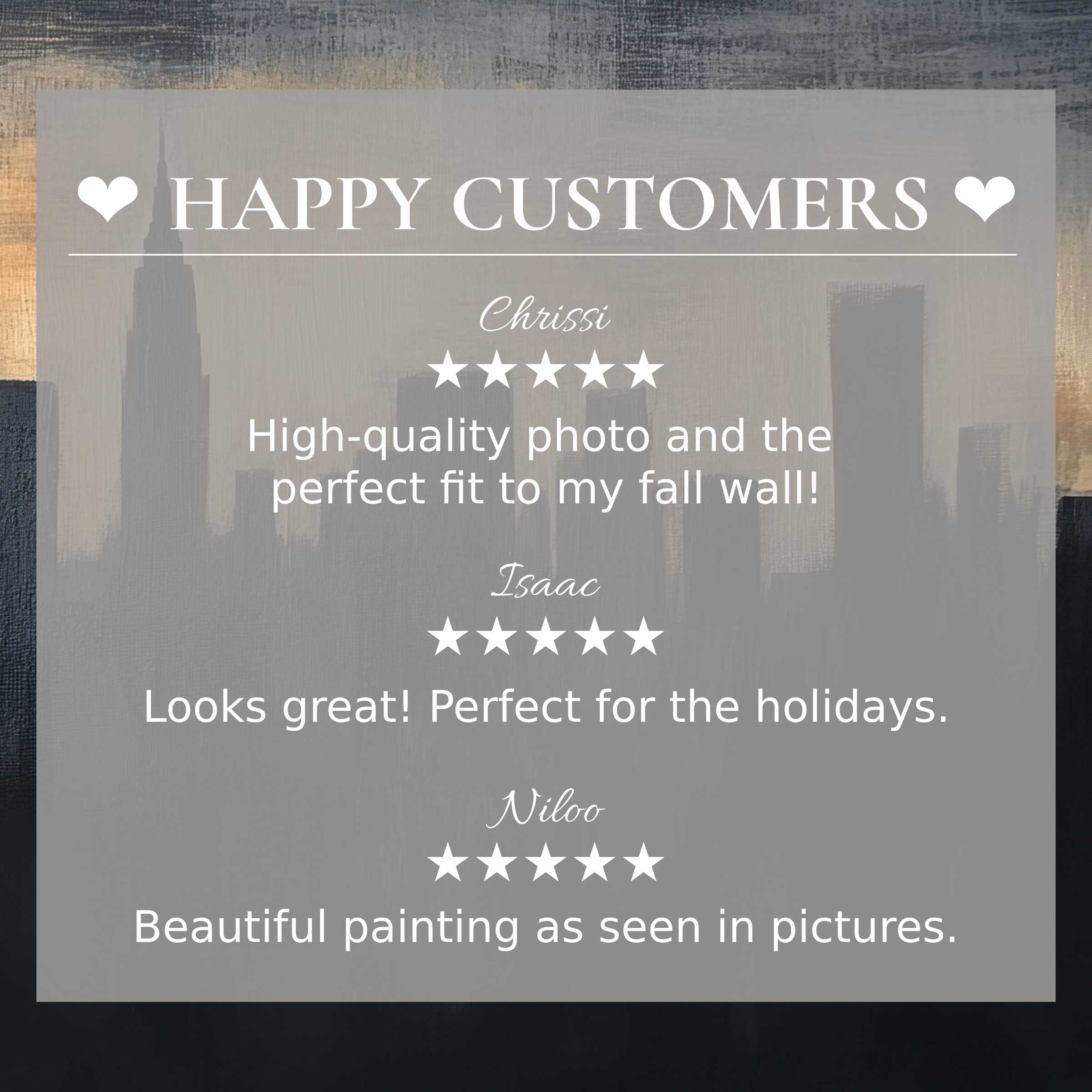 Urban art for Frame TV with abstract sunset skyline; happy customer reviews enhance trust and showcase elegance