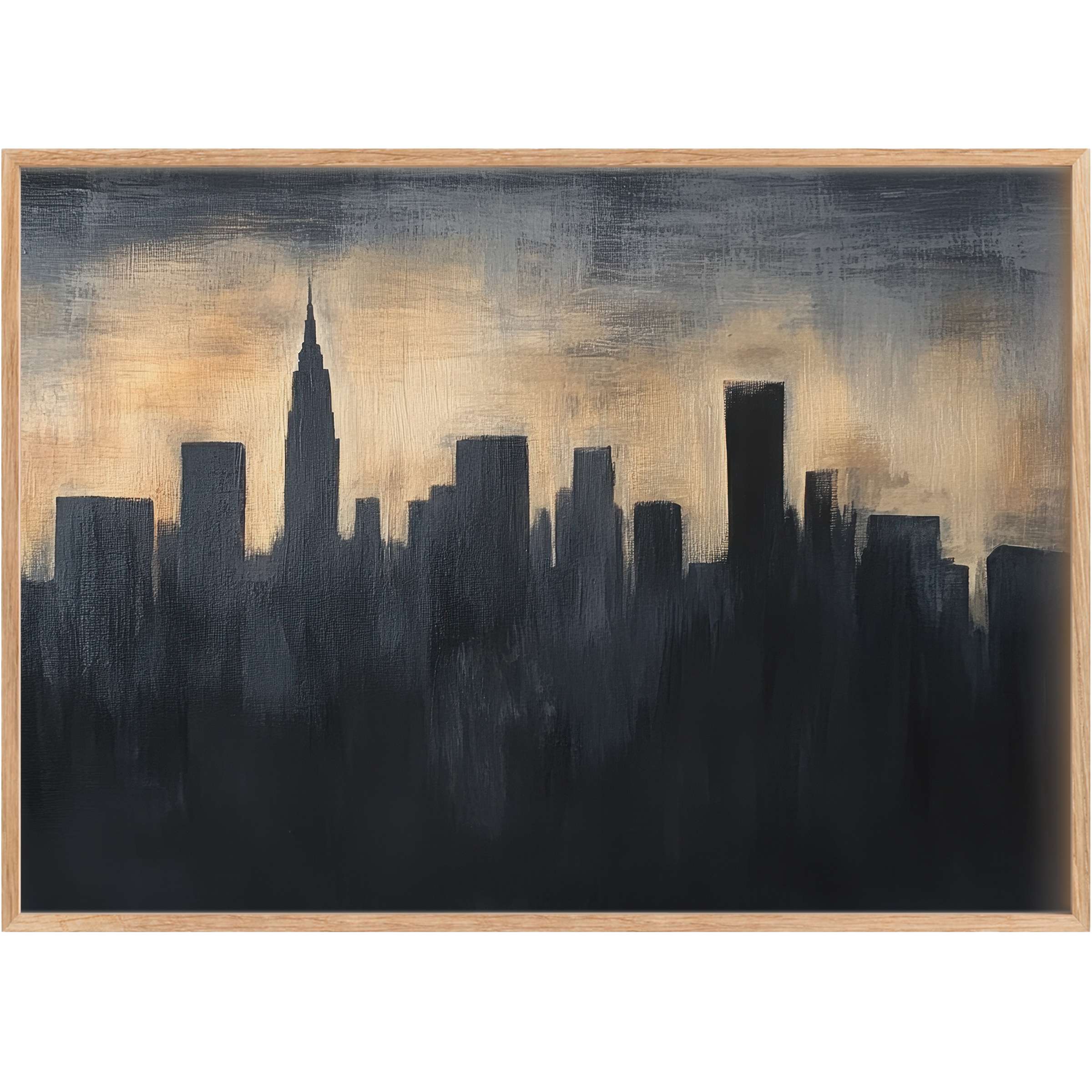 Moody urban printable wall art capturing a twilight skyline in deep blacks and warm amber, evoking serene sophistication