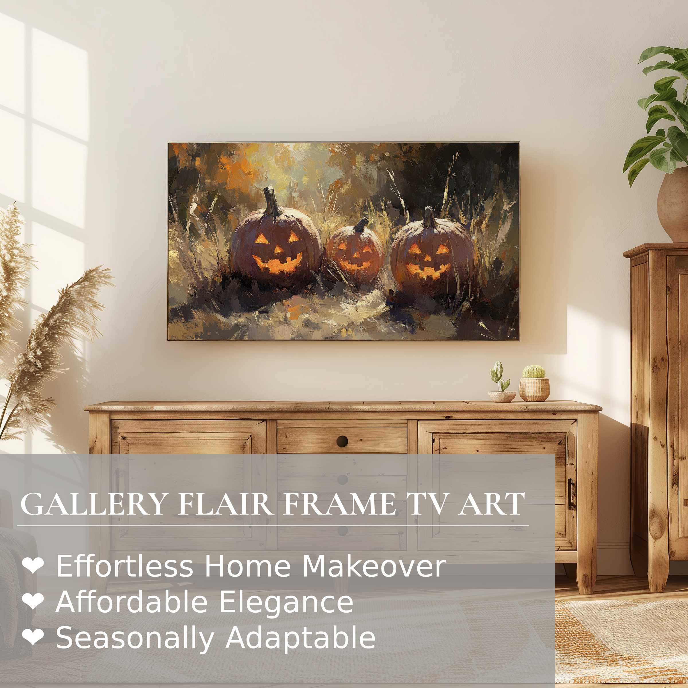 Samsung Frame TV displaying elegant halloween digital artwork of glowing pumpkins in a warm, cozy setting