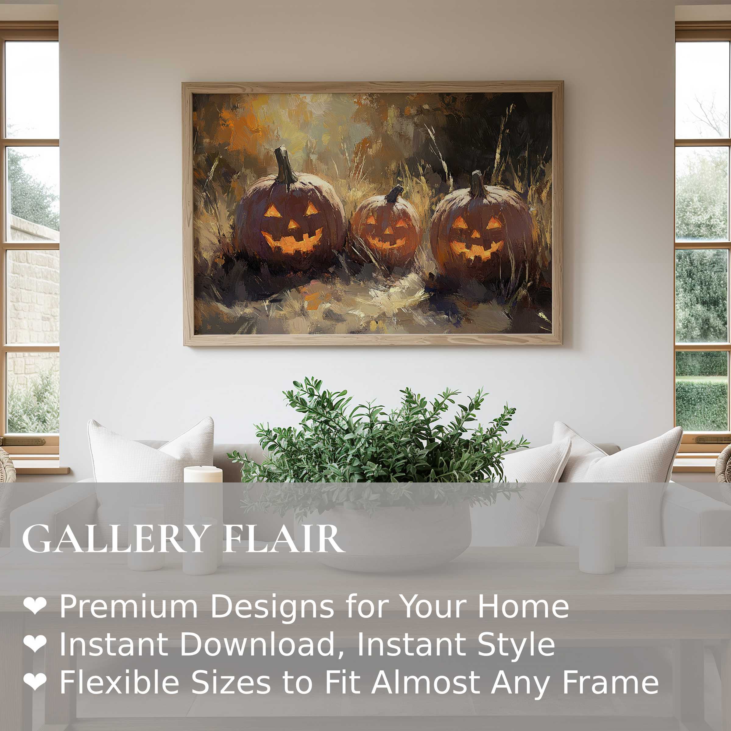 Halloween wall art print featuring glowing jack-o’-lanterns in a moody, painterly style elevates modern, minimalist living spaces with warm, festive charm