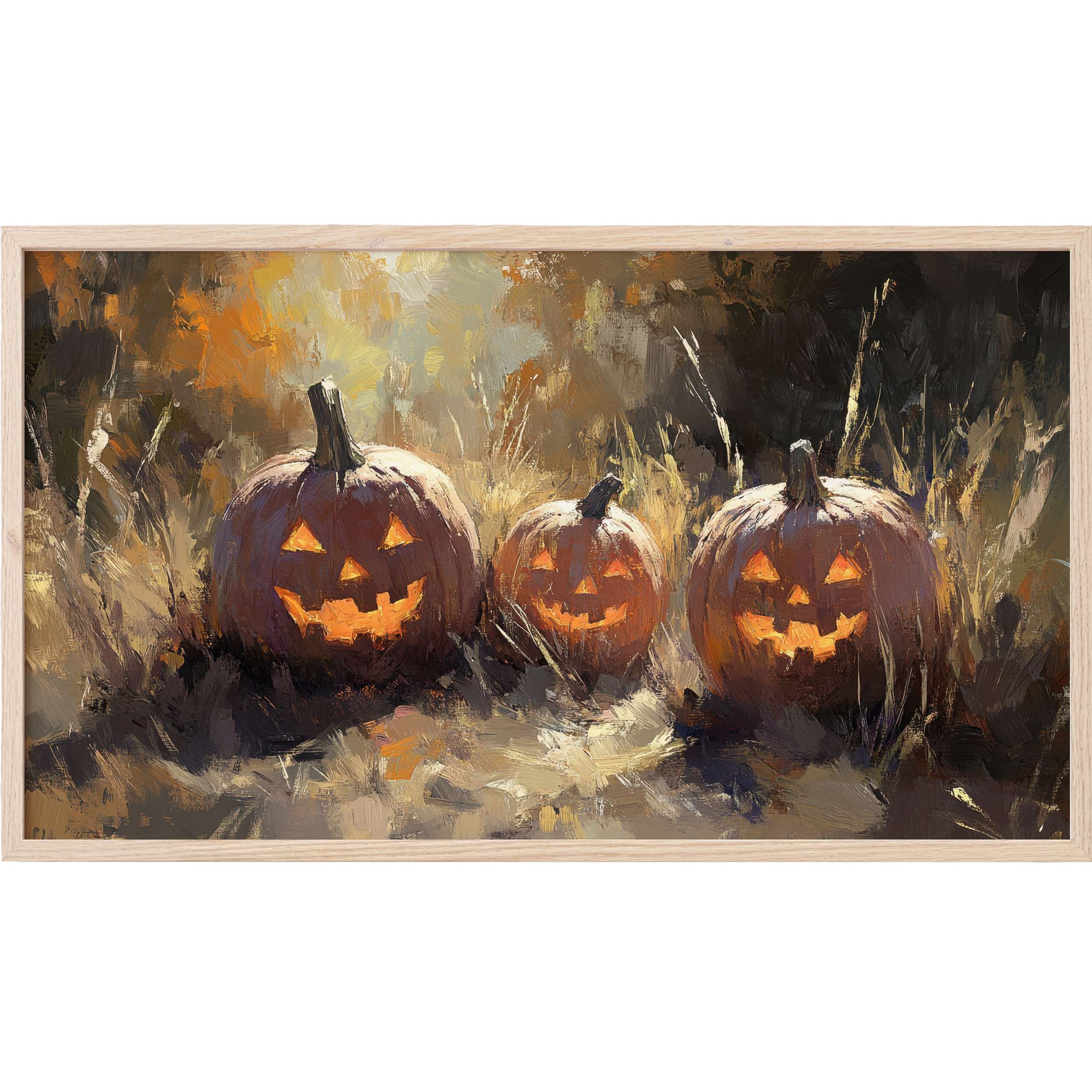 Warmly glowing carved pumpkins set in textured autumnal tones, an inviting halloween Frame TV Art for stylish spaces