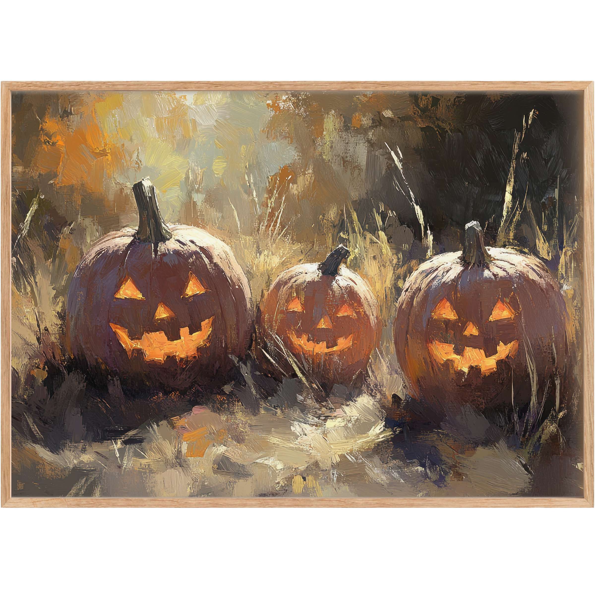 Warmly glowing jack-o'-lanterns in amber and deep earth tones create a cozy, inviting mood for elegant Halloween printable wall art