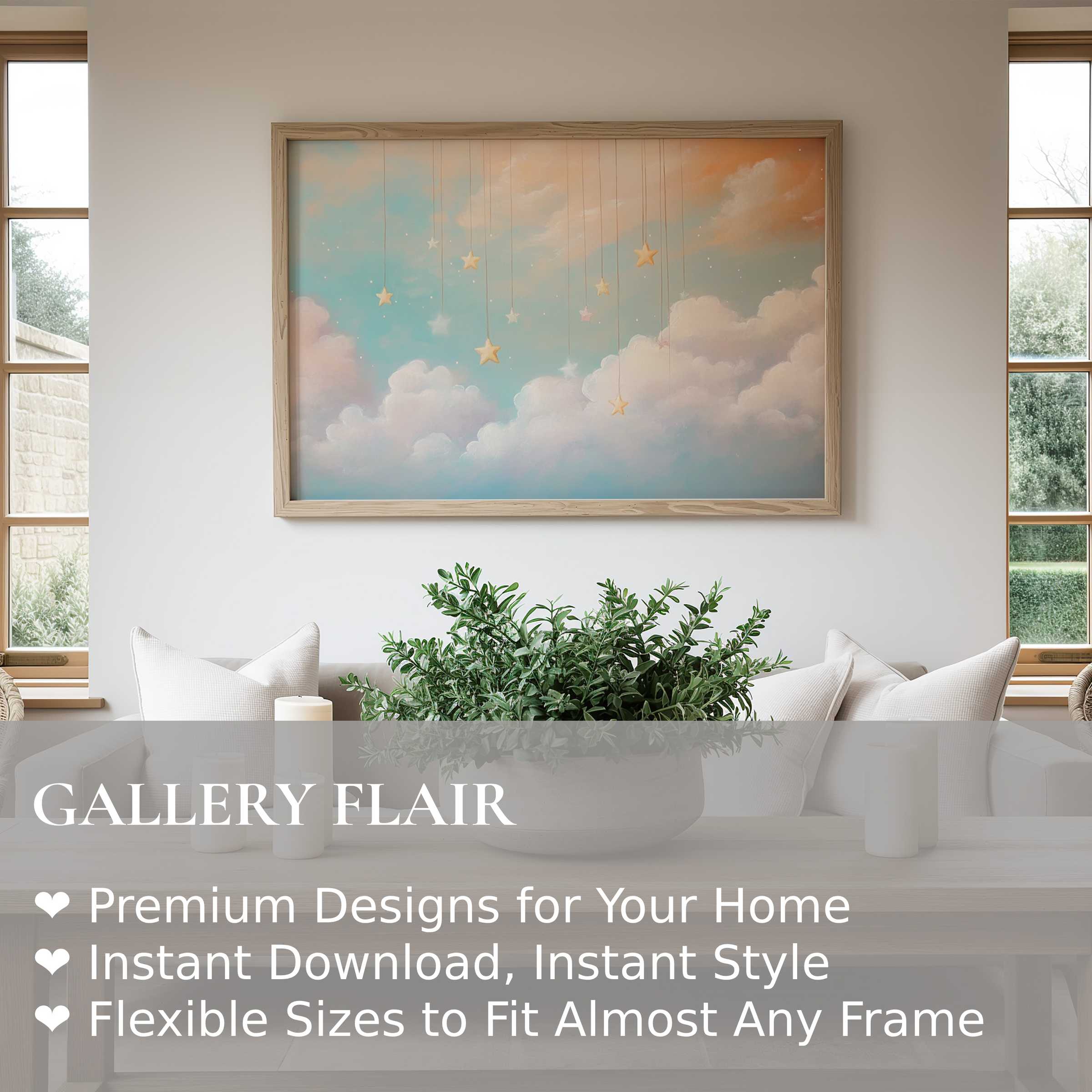 Soft, dreamy nursery wall art print with pastel clouds and hanging stars, enriching serene, modern nursery decor