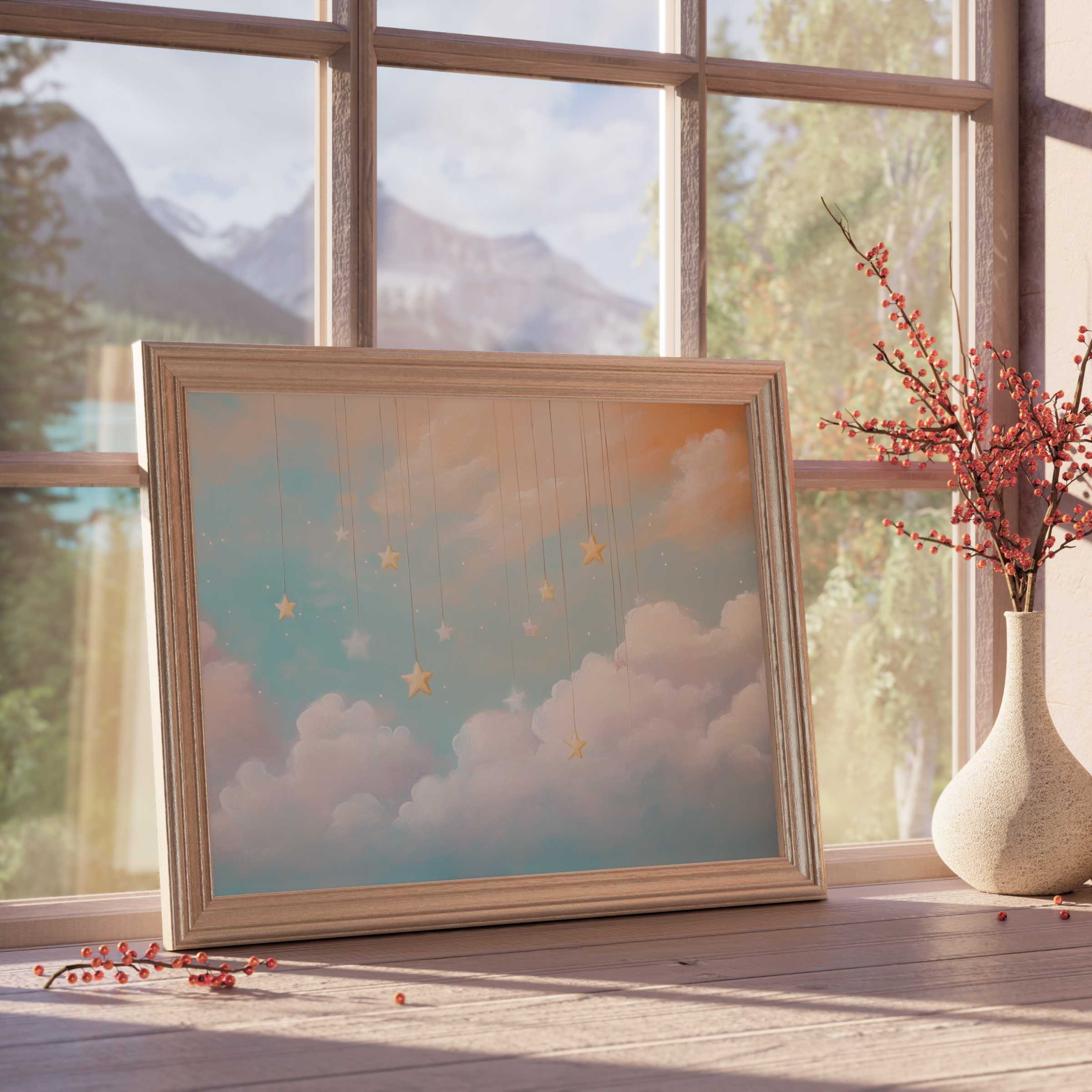 Nursery downloadable art featuring dreamy pastel clouds and hanging stars, enhancing serene, curated children’s interiors