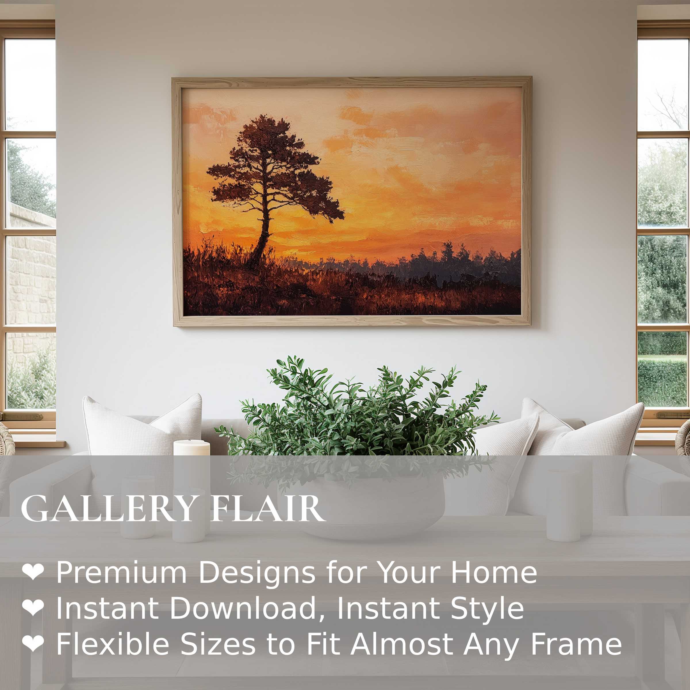 Elegant tree wall art print featuring a radiant sunset silhouette, elevating modern minimalist interiors with warm, calming ambiance