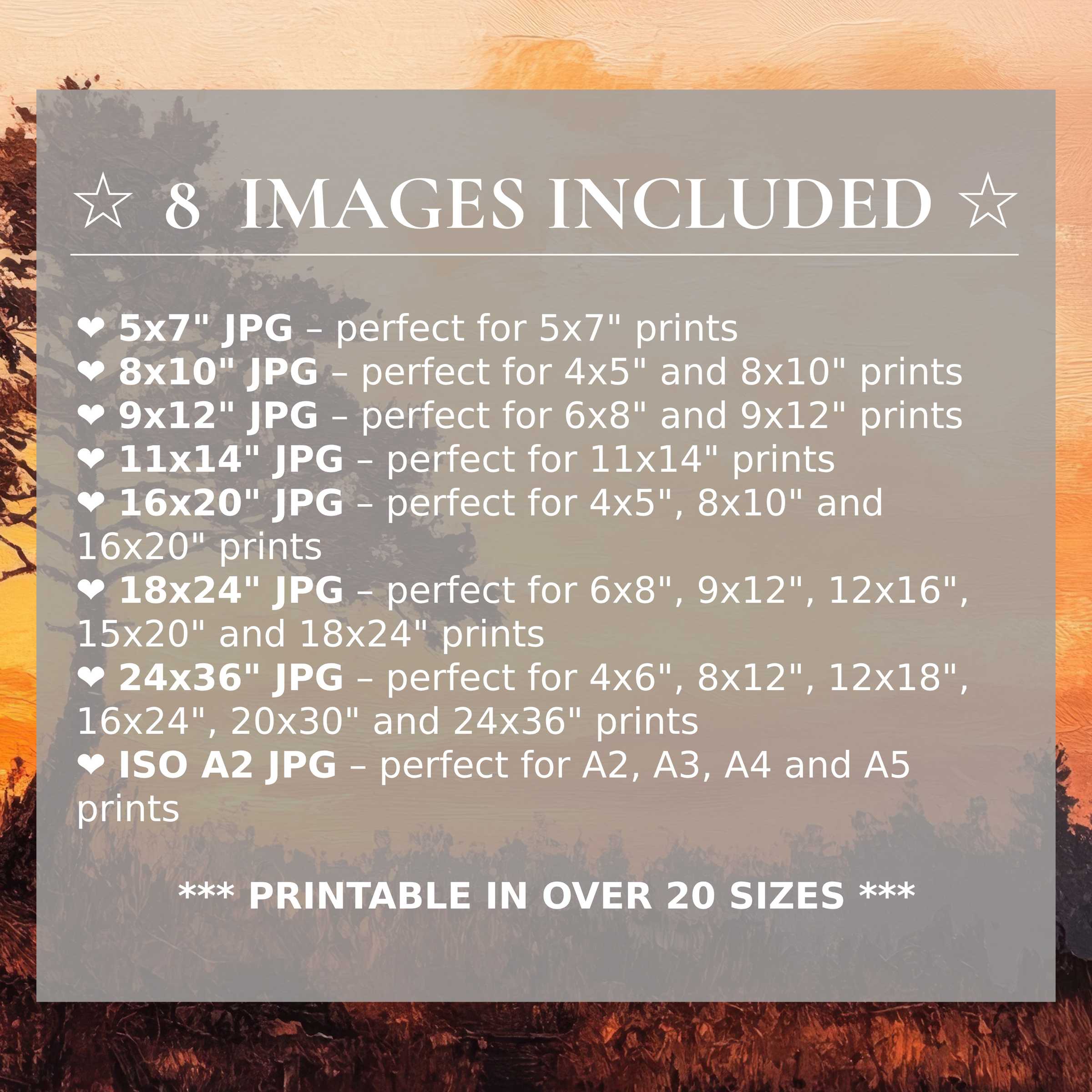 Print size guide showing 8 included JPG formats for versatile wall art printing – perfect for framing in popular sizes from 5x7 to 24x36 and A2