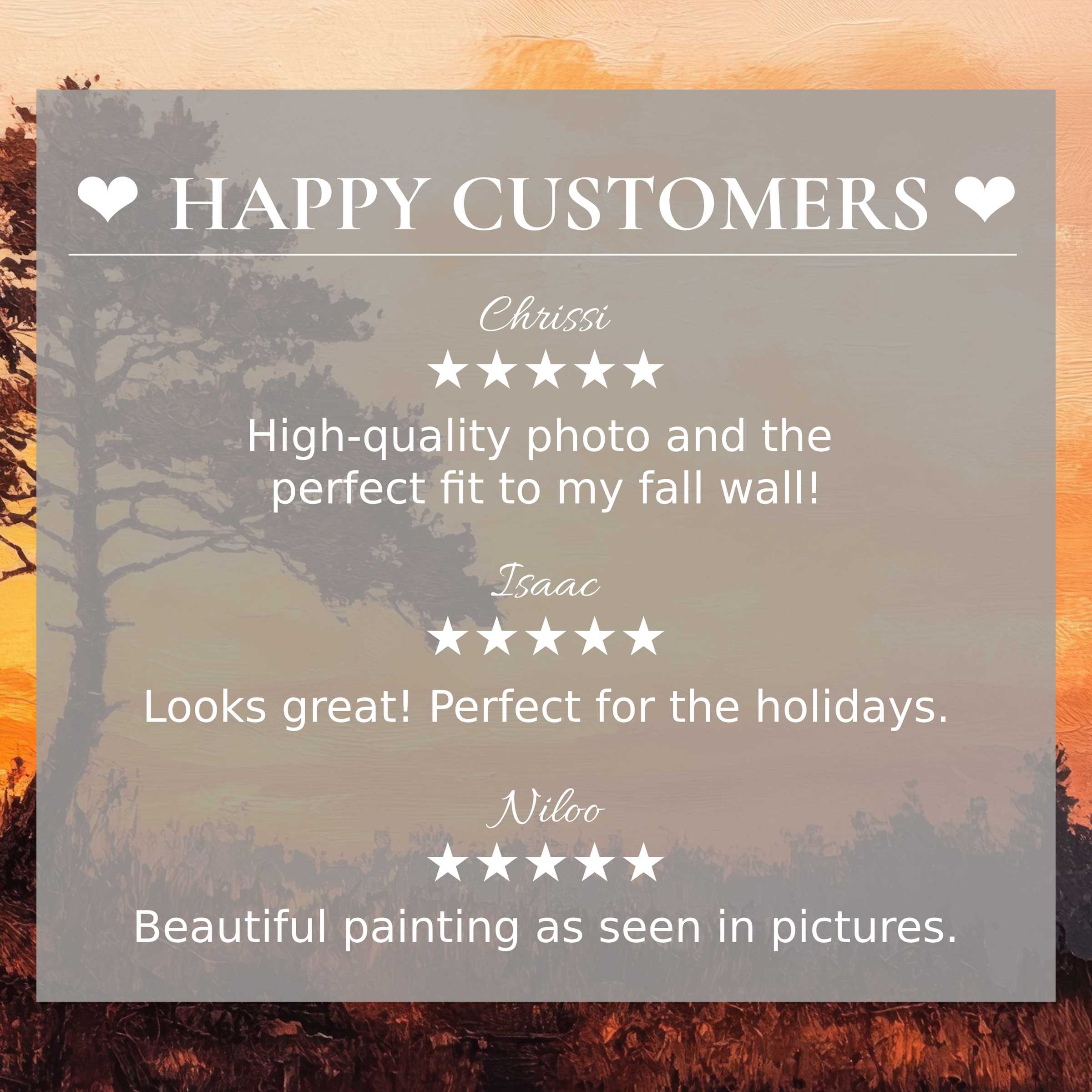 Elegant trees art for Frame TV with abstract sunset hues; happy customer reviews enhance trust and refined home decor appeal