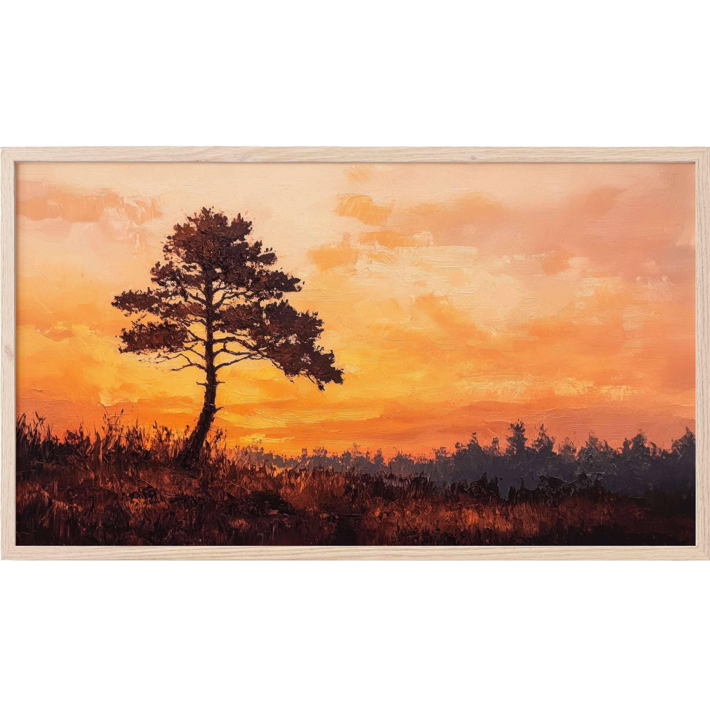 Warm sunset hues highlight a solitary tree in textured strokes, elegant tree Frame TV Art for refined spaces