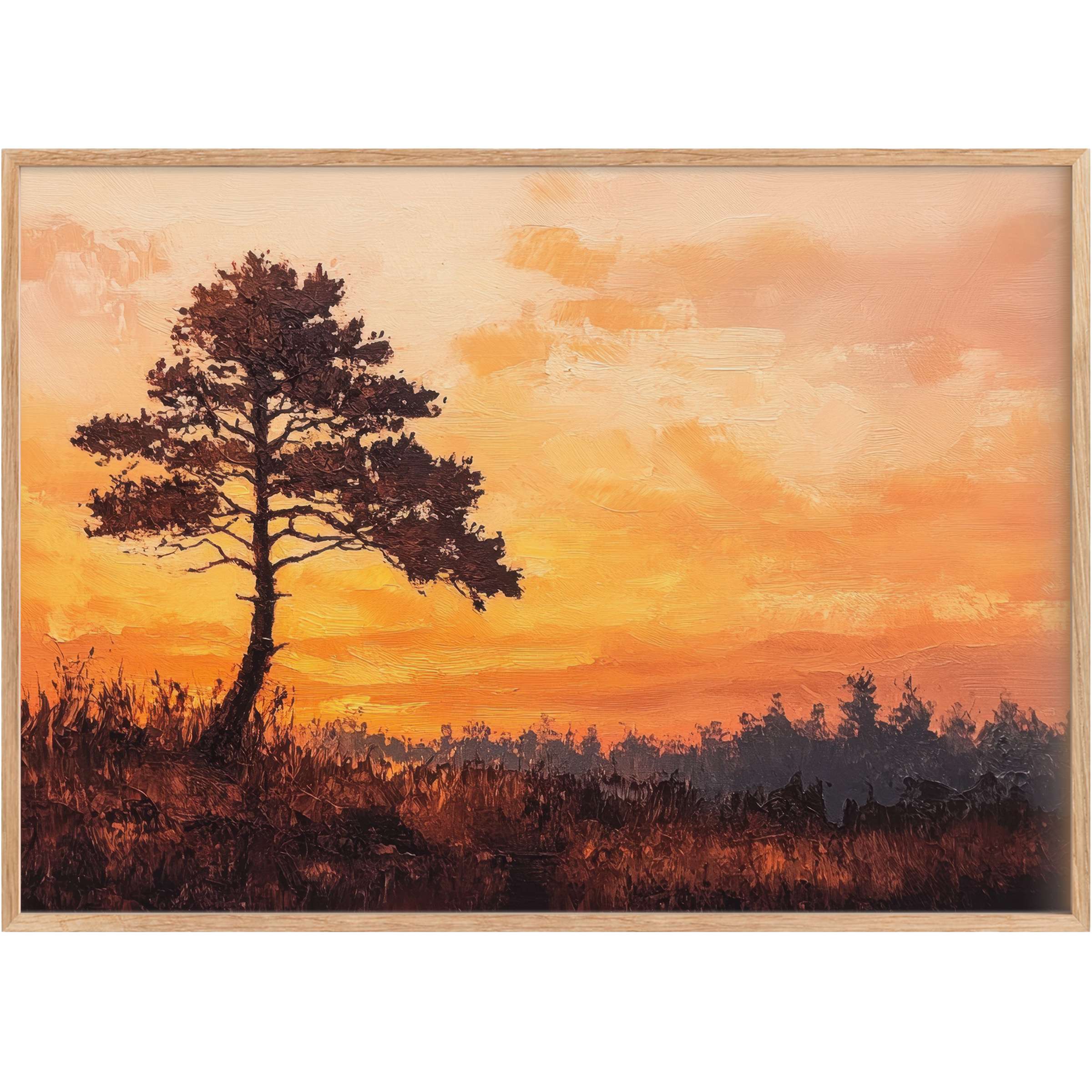 Elegant tree printable wall art radiates warmth with rich amber and deep brown hues, elevating interiors with serene sunset tranquility
