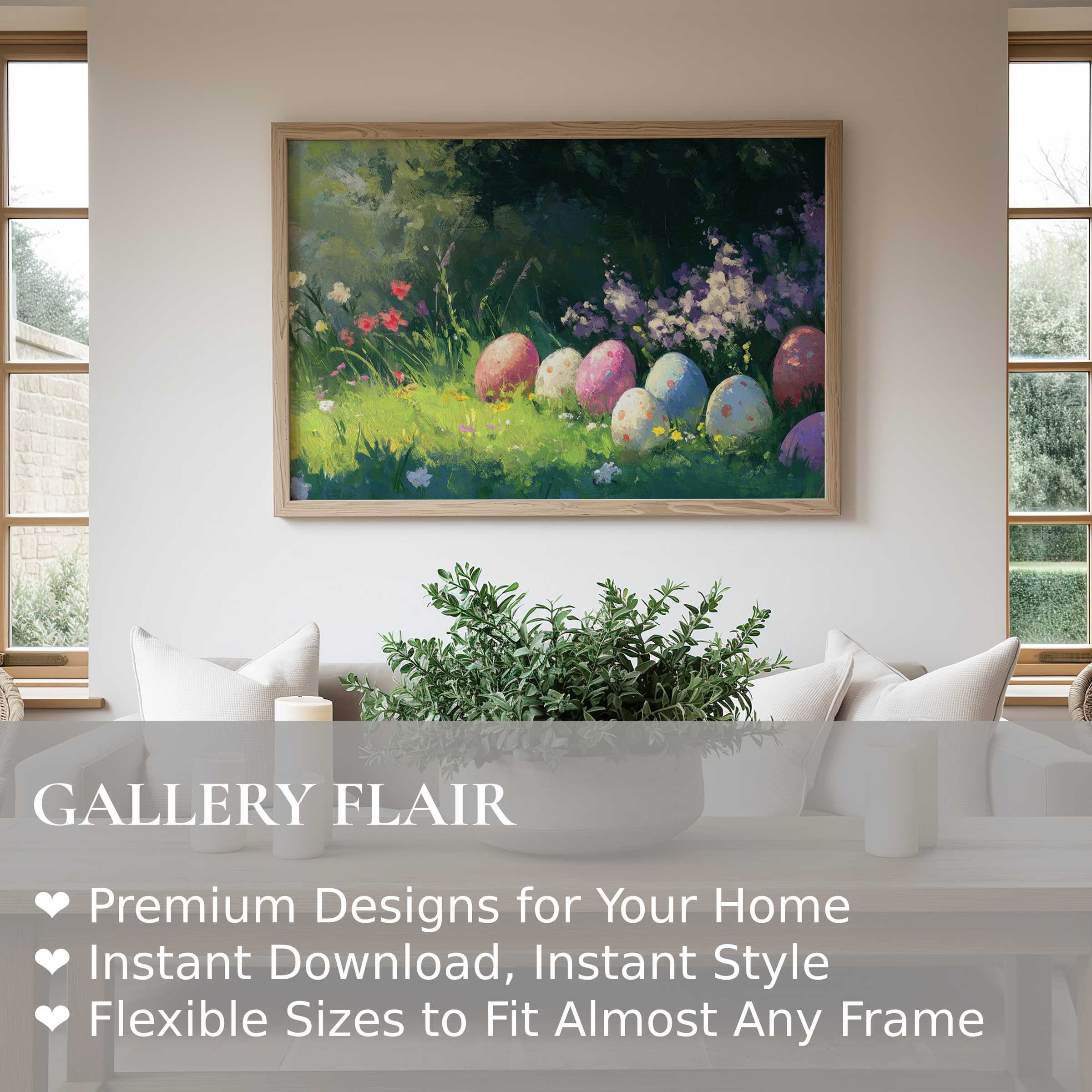 Easter wall art print featuring radiant pastel eggs nestled in lush wildflowers, enhancing a serene, modern minimalist living room