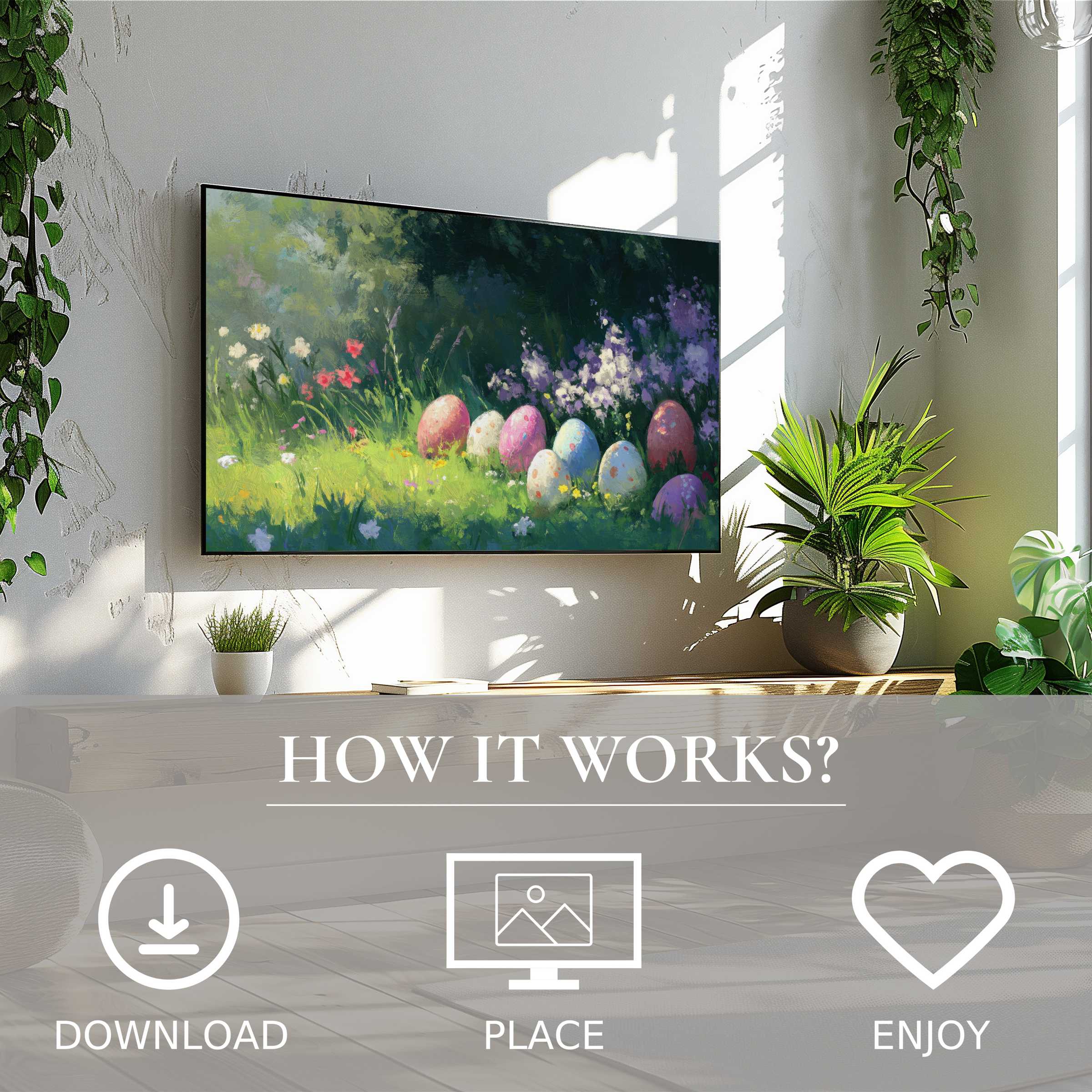 Modern living room with easter art for Samsung TV; digital download shows soft pastel eggs and floral flow