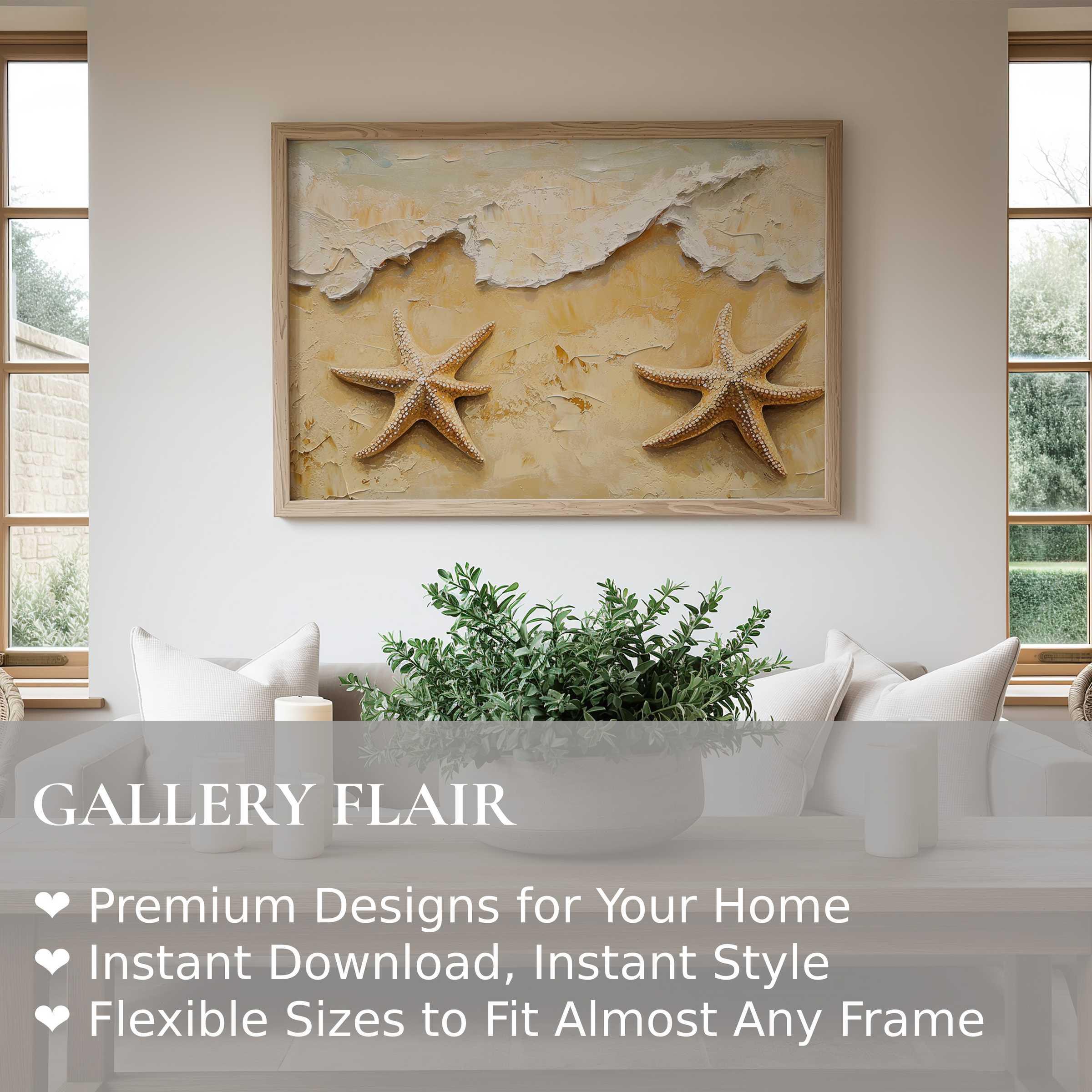 Calming beach wall art print with textured starfish and soft sand hues enhancing a serene, modern coastal living room