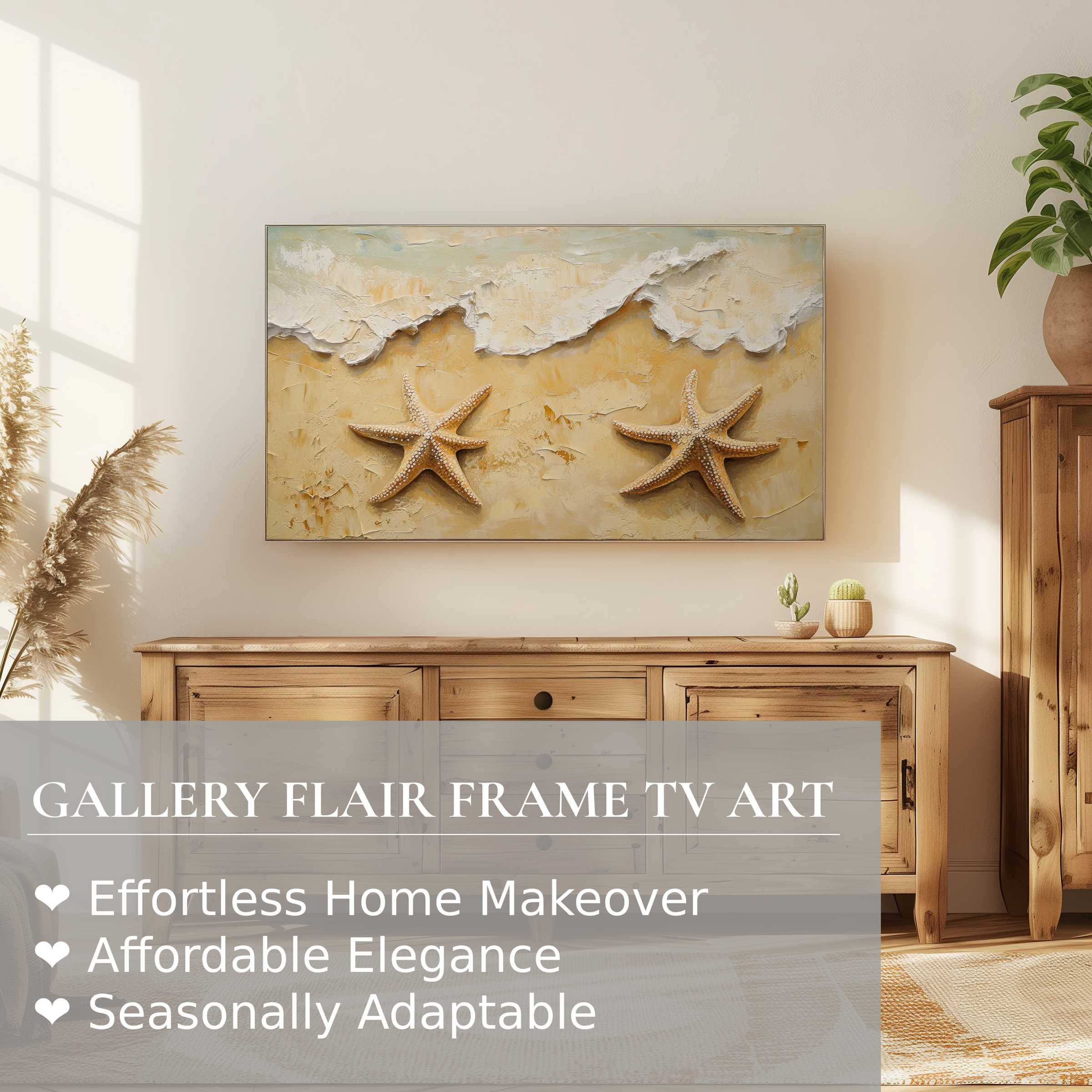 Samsung Frame TV displaying elegant beach digital artwork with starfish in a sunlit, modern living room