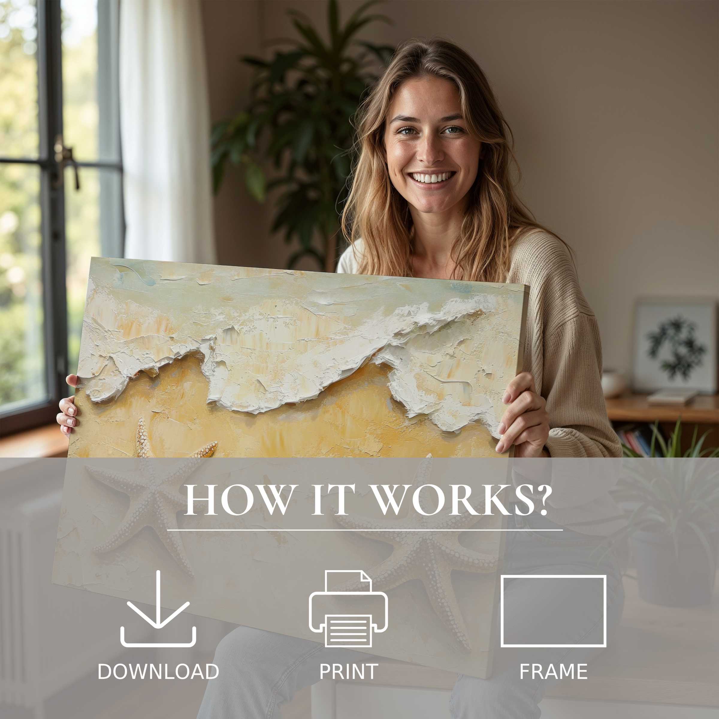 A joyful moment in a modern home where a beach digital art print transforms space with serene, textured warmth and effortless elegance