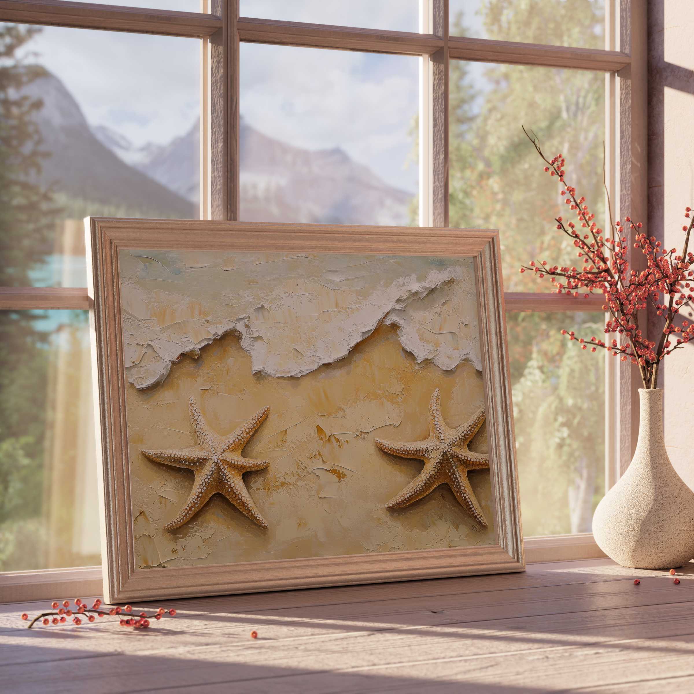Beach downloadable art featuring textured starfish and soft sand tones, perfect for serene coastal and natural décor spaces
