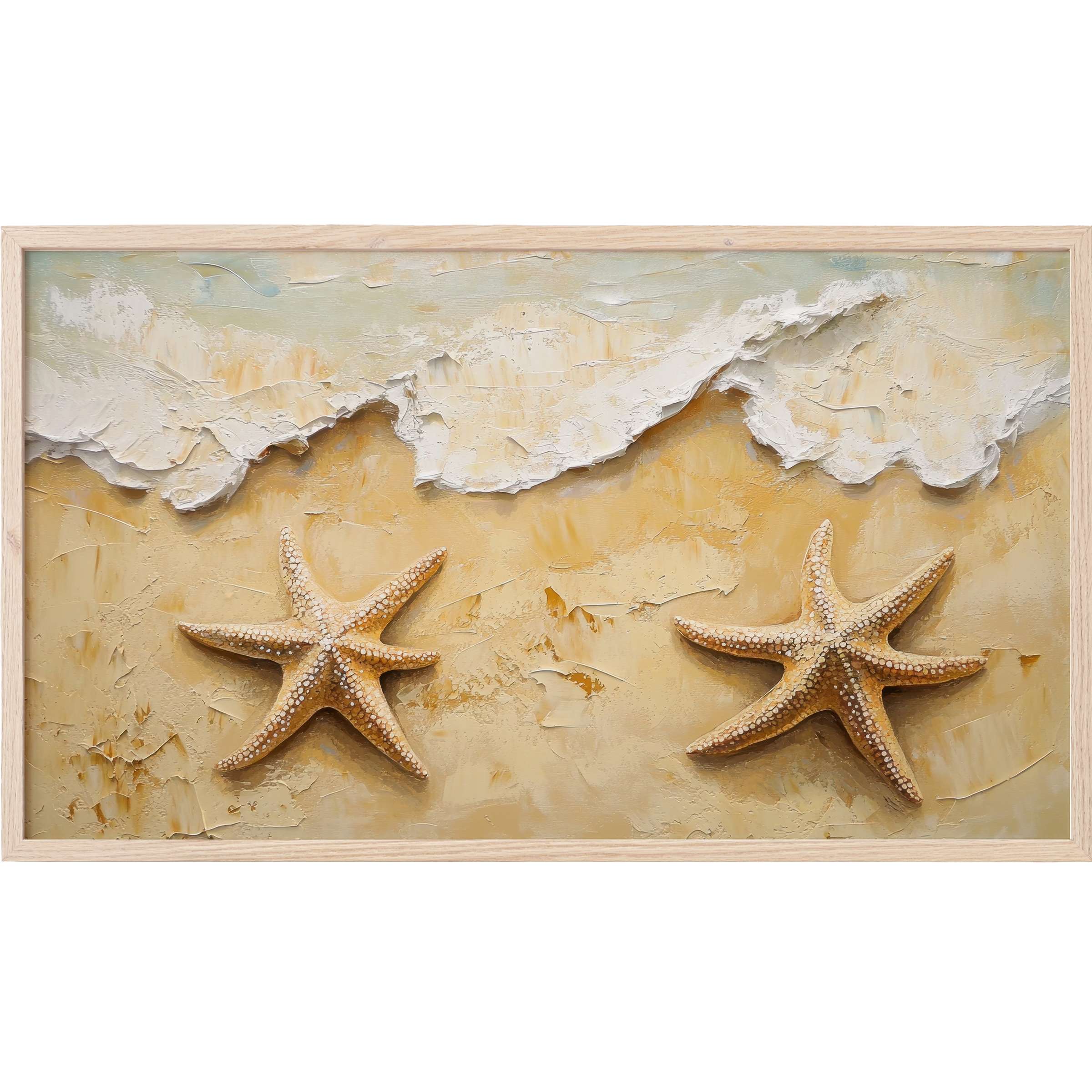 Textured beach scene with two starfish and soft waves in warm beige tones, stylish beach Frame TV Art