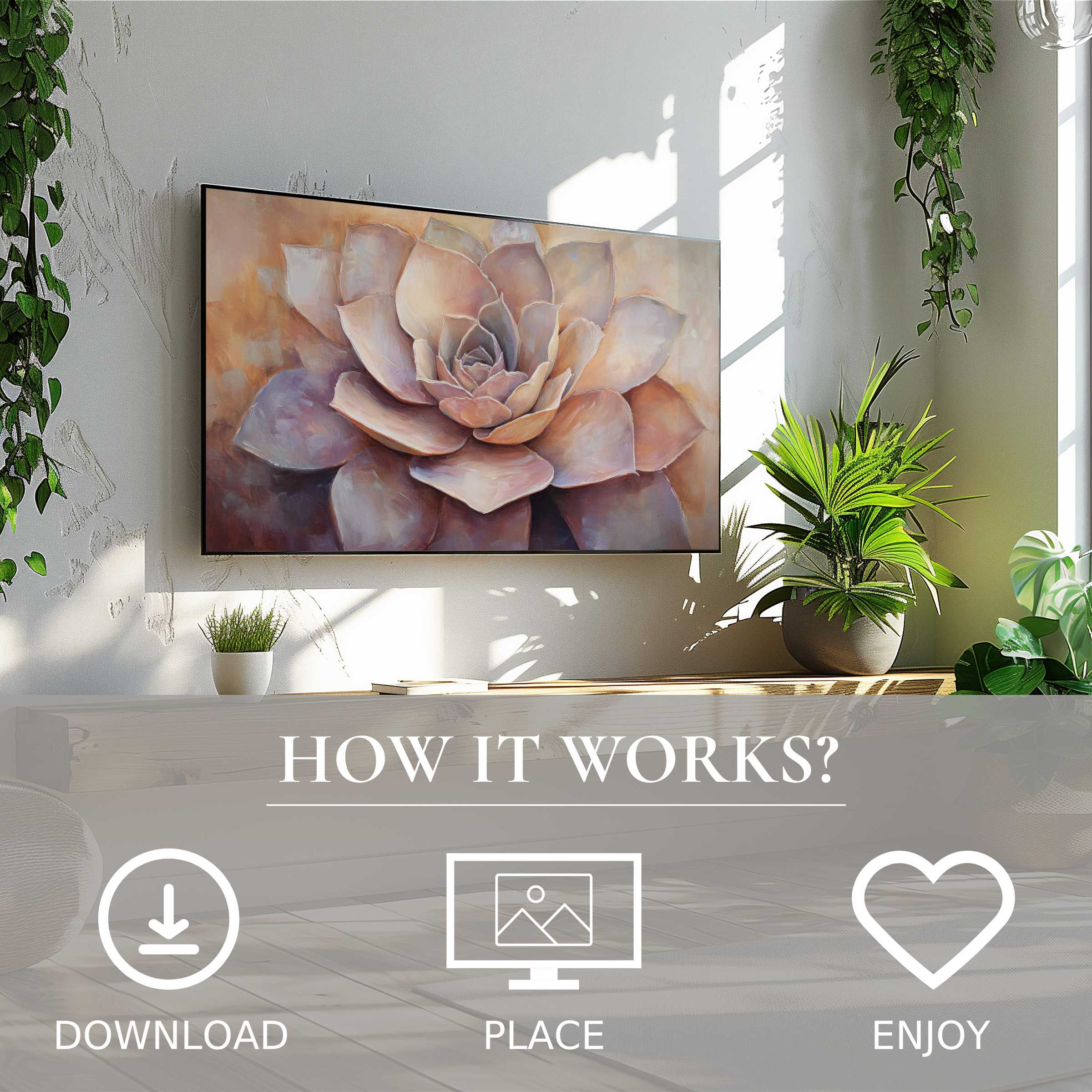 Botanical art for Samsung TV shows soft sunset tones in a succulent motif; easy digital download enriches any modern space