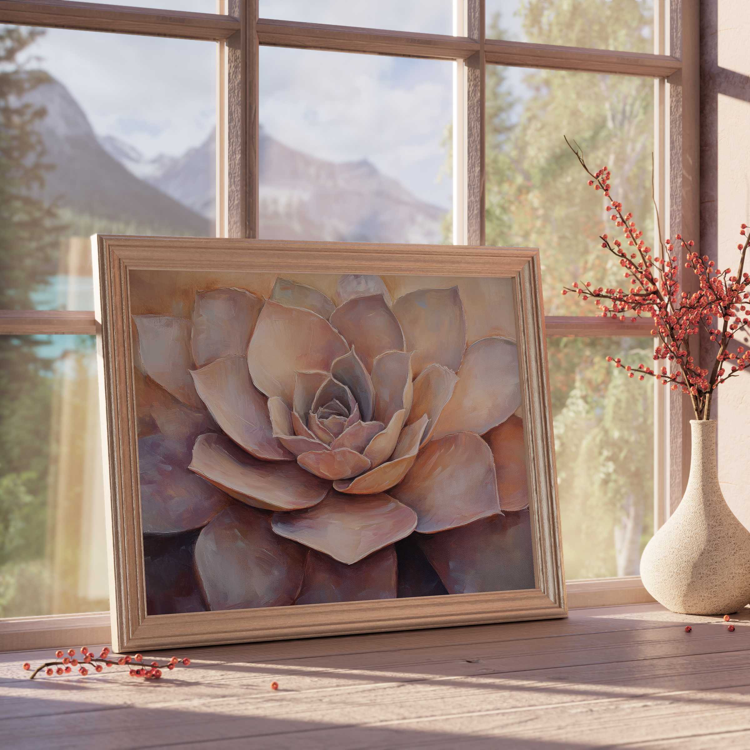Botanical downloadable art of a serene succulent in muted earth tones, enriching tranquil, curated interiors with natural elegance