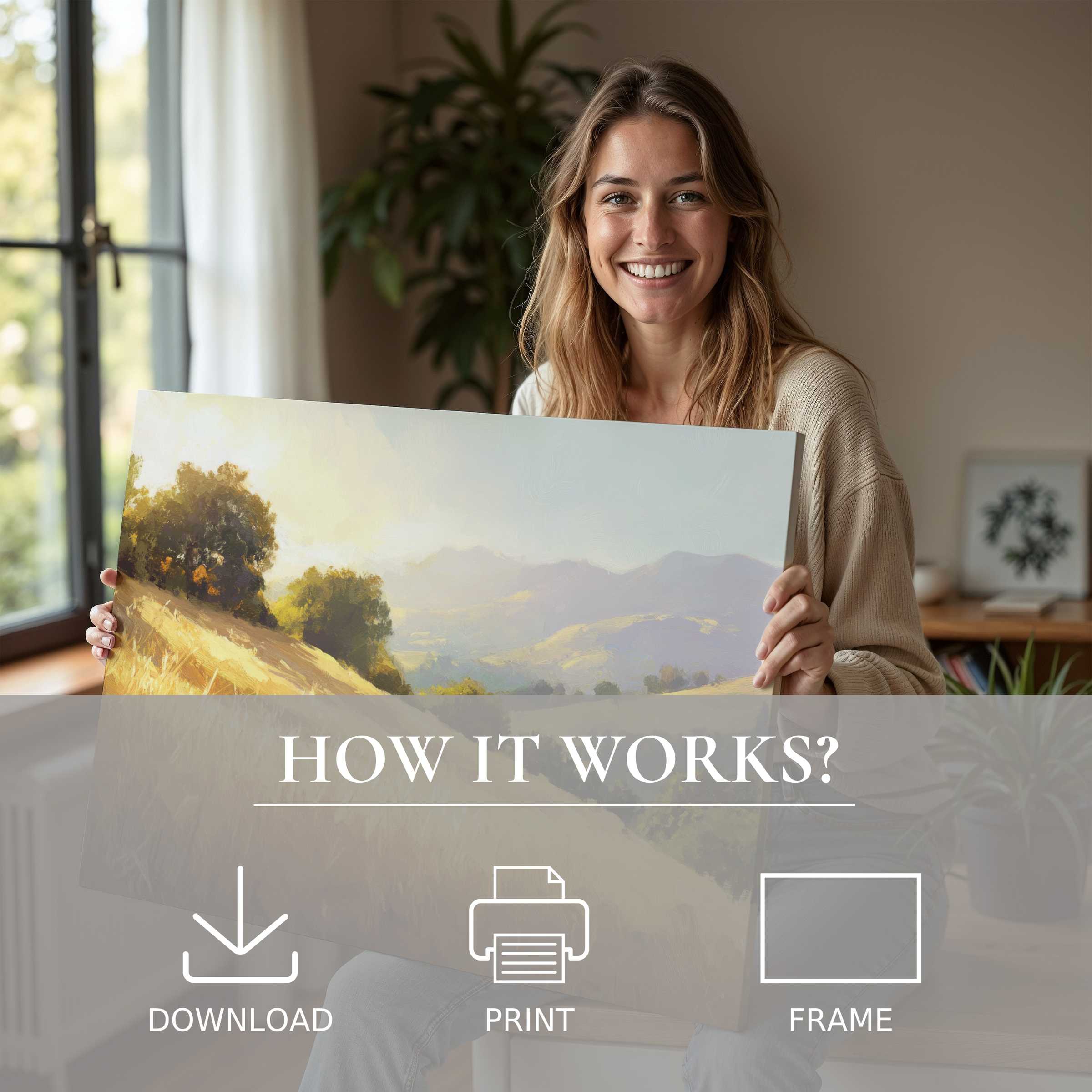 Radiant summer digital art print brightens a serene modern home, capturing joy and effortless elegance in living with art