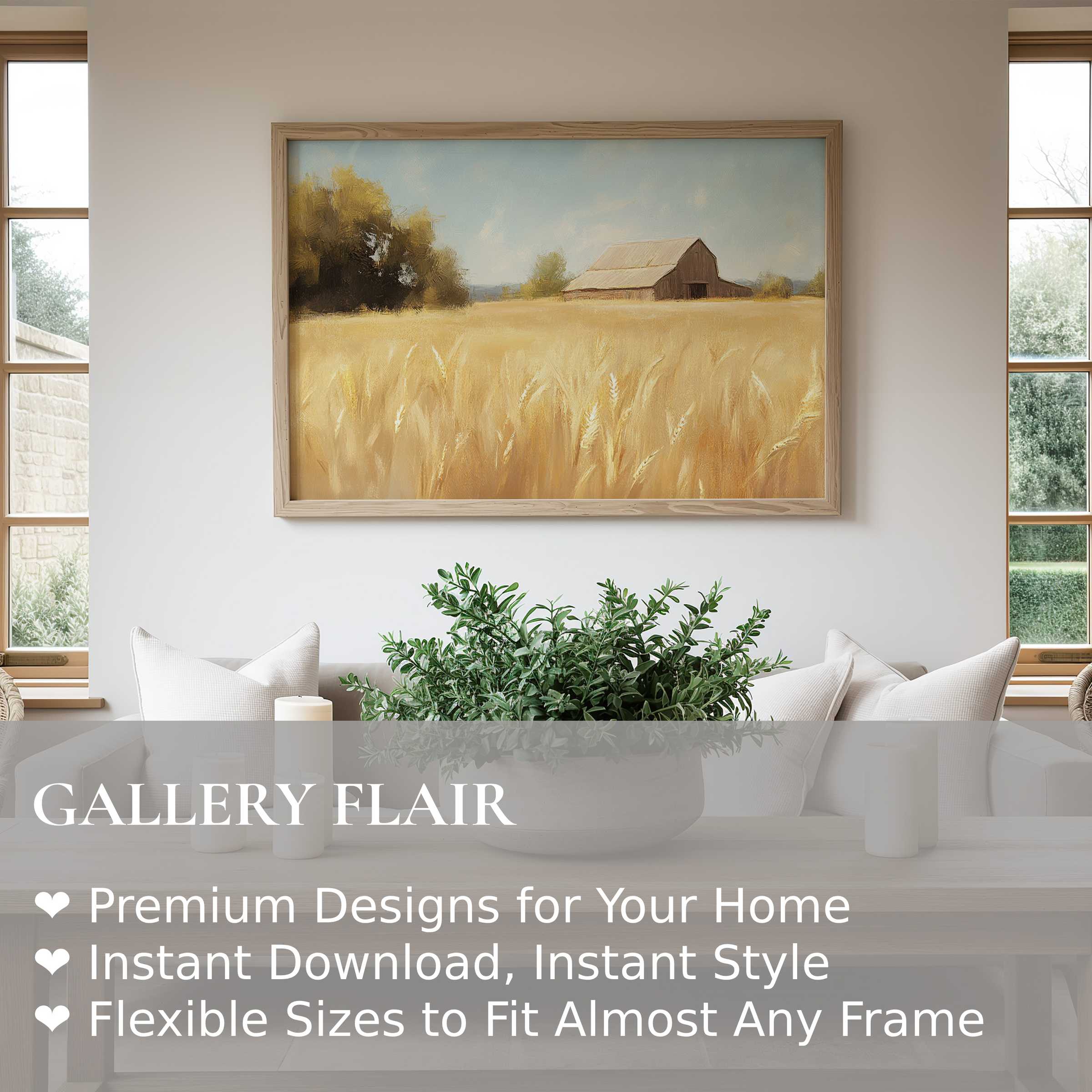 Farmhouse wall art print featuring a radiant wheat field and rustic barn, enhancing serene modern farmhouse interiors with warm, calming charm