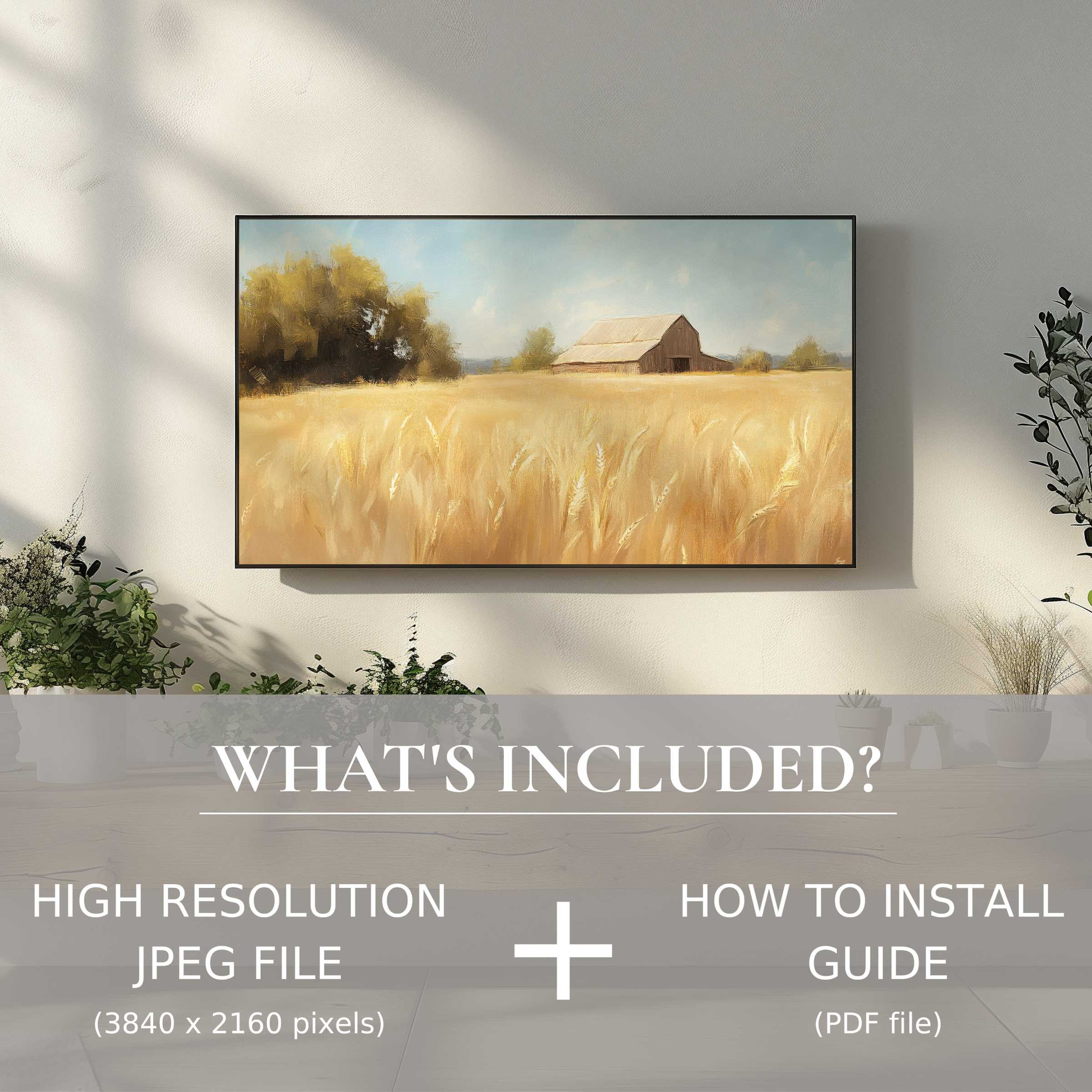 Elegant farmhouse digital TV art download adds warmth and style, easy to use, uplifting your living space instantly