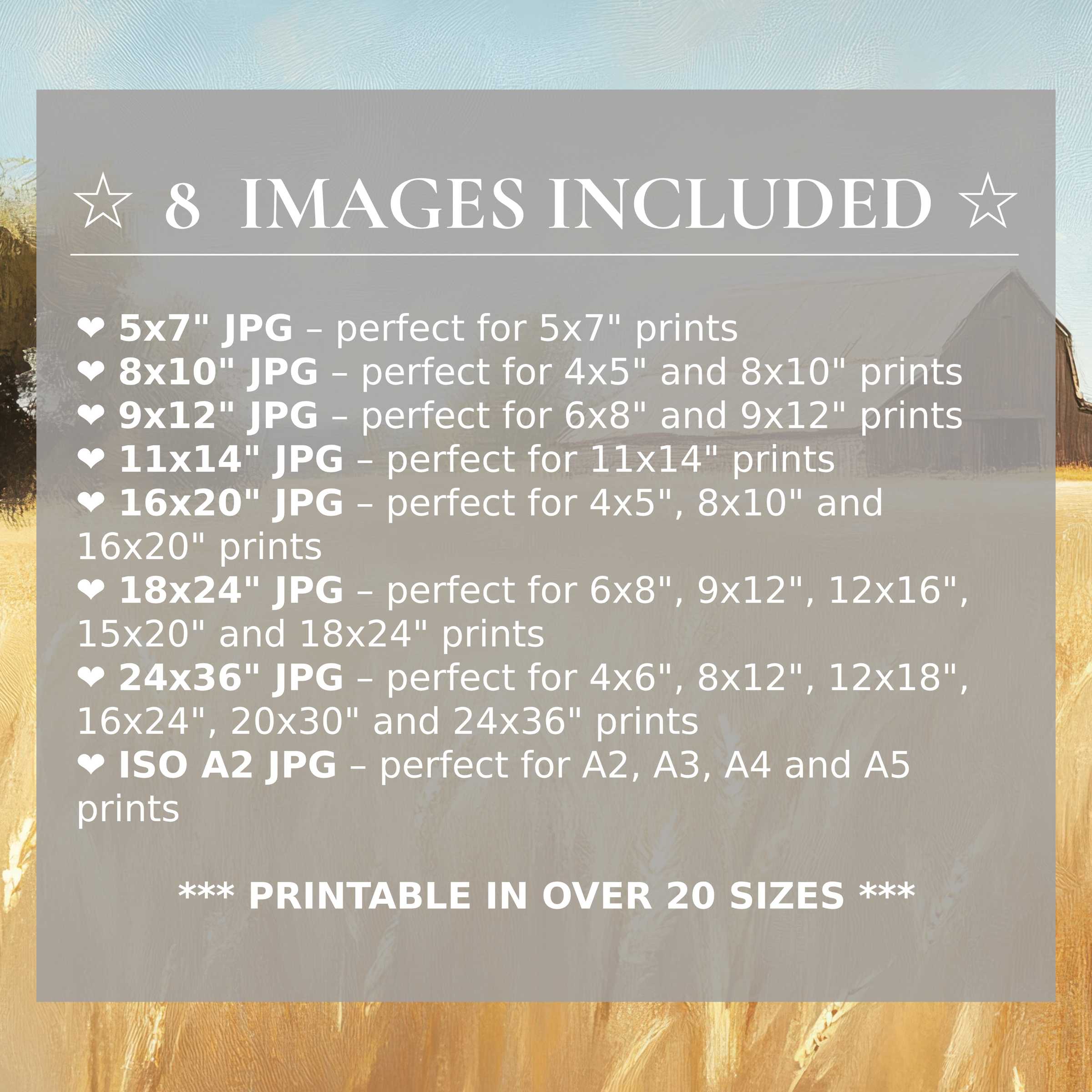 Farmhouse digital print in warm golds and sky blues, delivering radiant charm and calming elegance in 8 high-quality sizes included