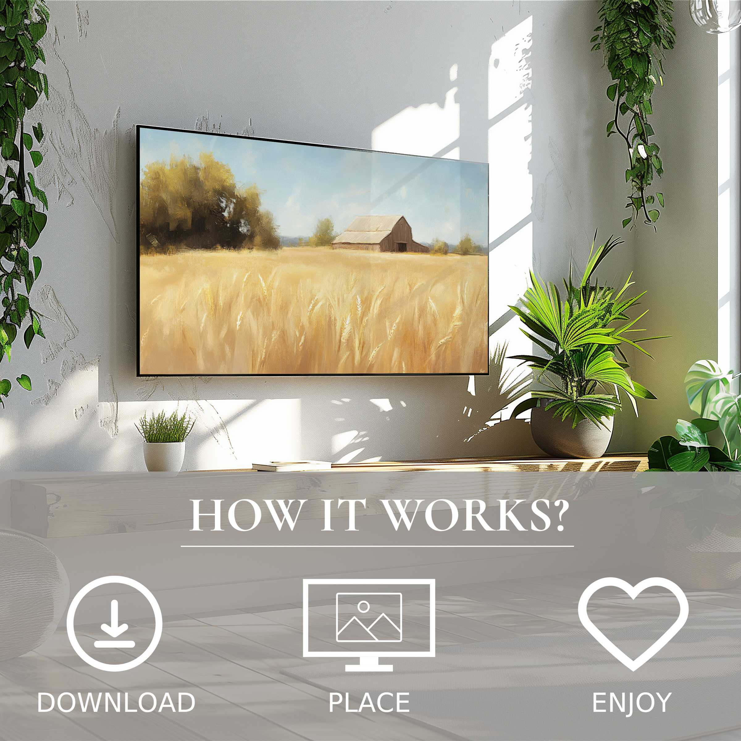 Farmhouse art for Samsung TV shows soft golden wheat field, easy digital download to enhance modern living spaces