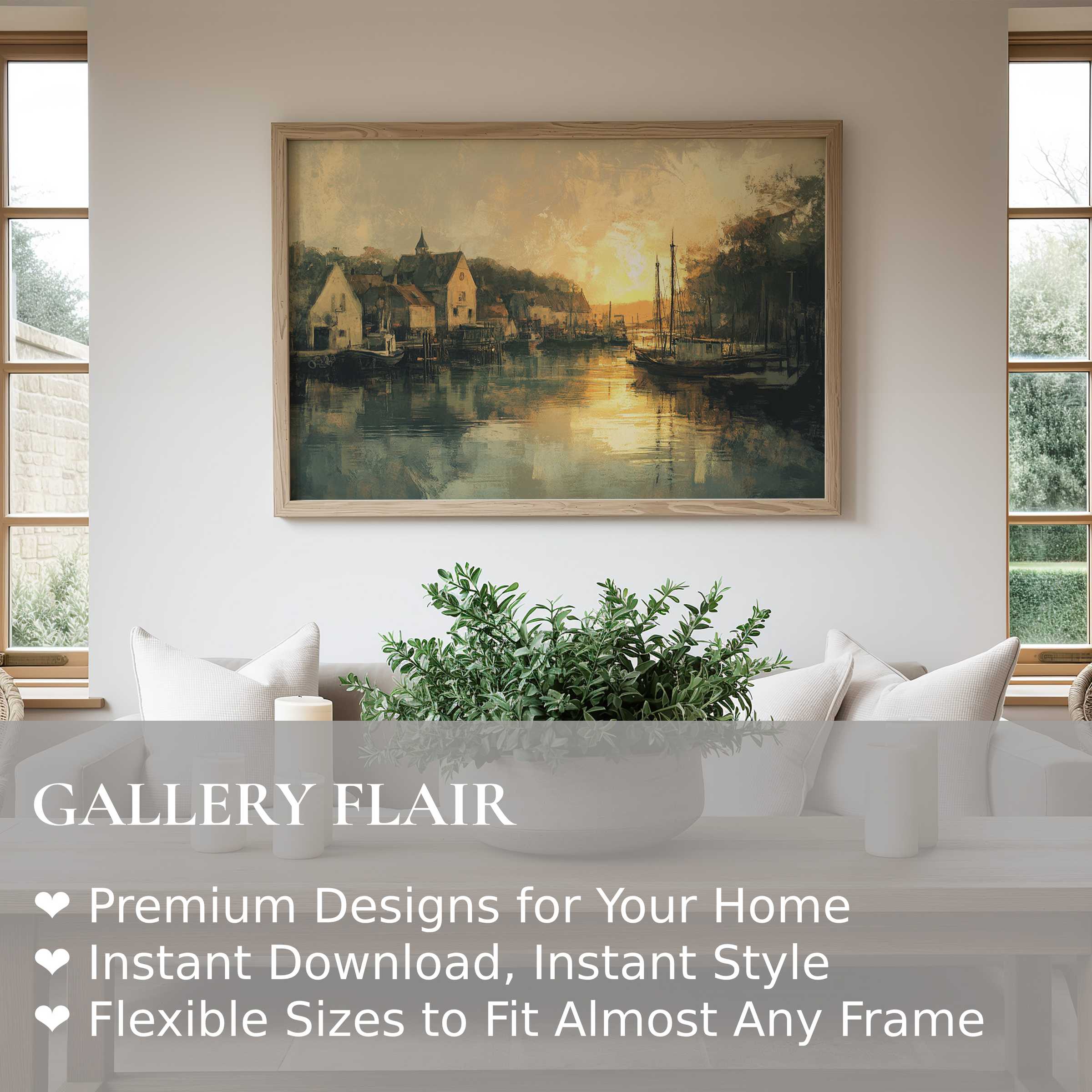 Vintage wall art print of a serene harbor at sunset, radiating warm, calming tones in a modern minimalist living space