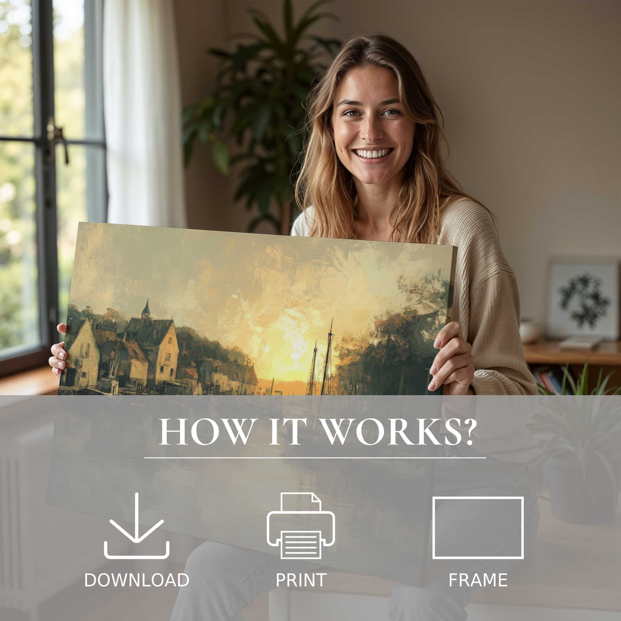 A vintage digital art print radiates warmth and serenity as a woman shares a quiet moment of joy in her stylish, sunlit home
