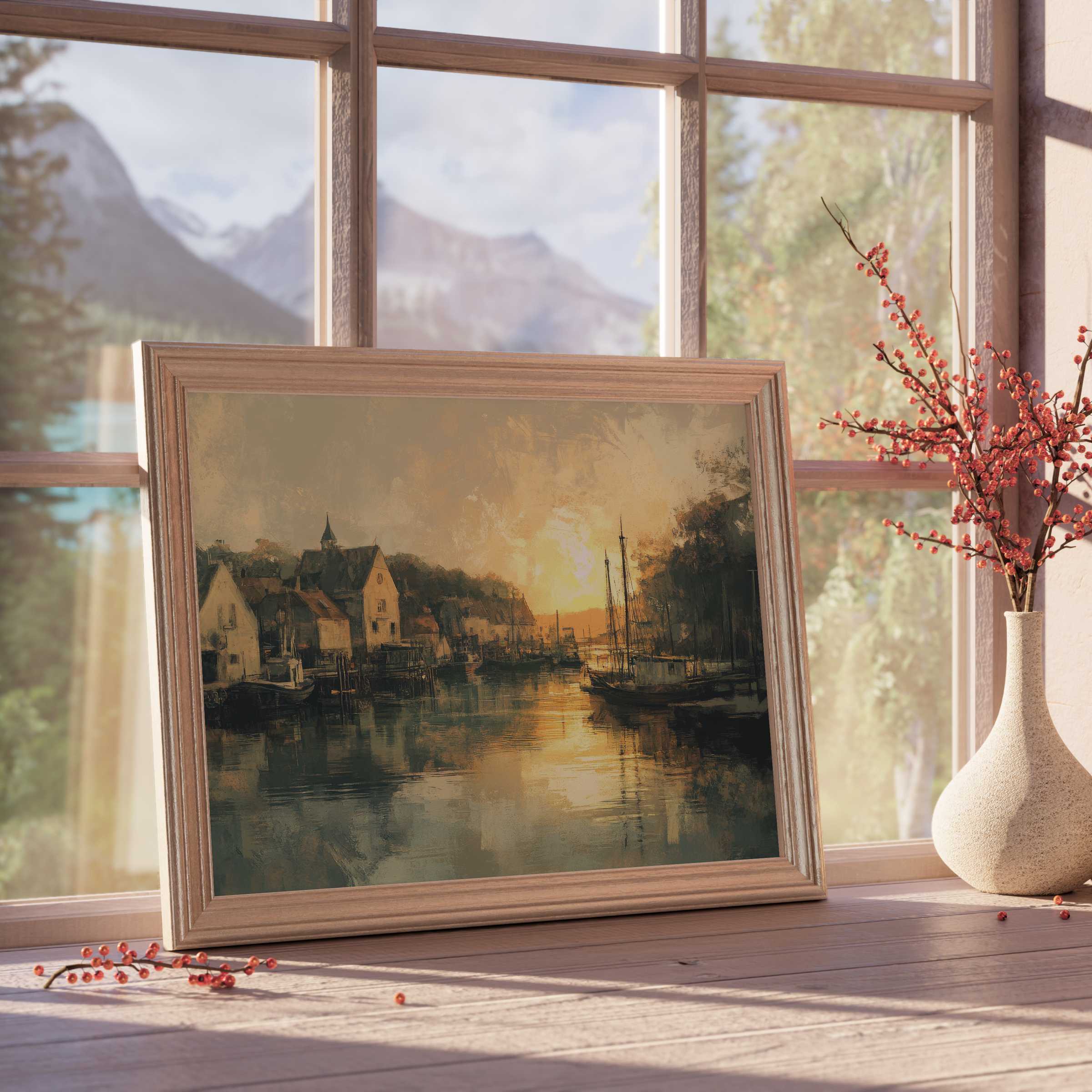 Vintage downloadable art capturing a serene harbor sunset, enriching curated interiors with timeless charm and warm tranquility