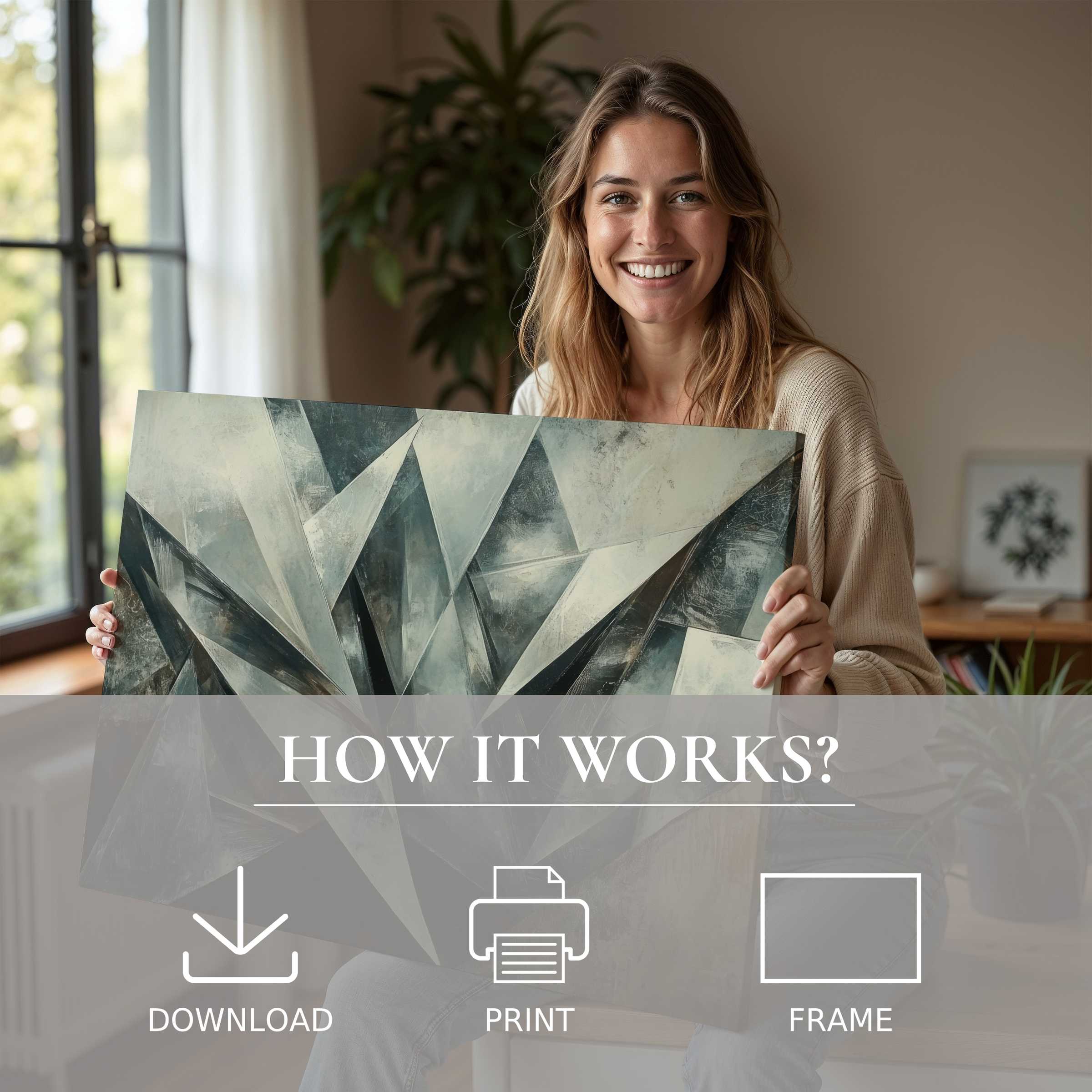 Joyful woman in a sunlit modern home, embracing a serene abstract digital art print that transforms living spaces