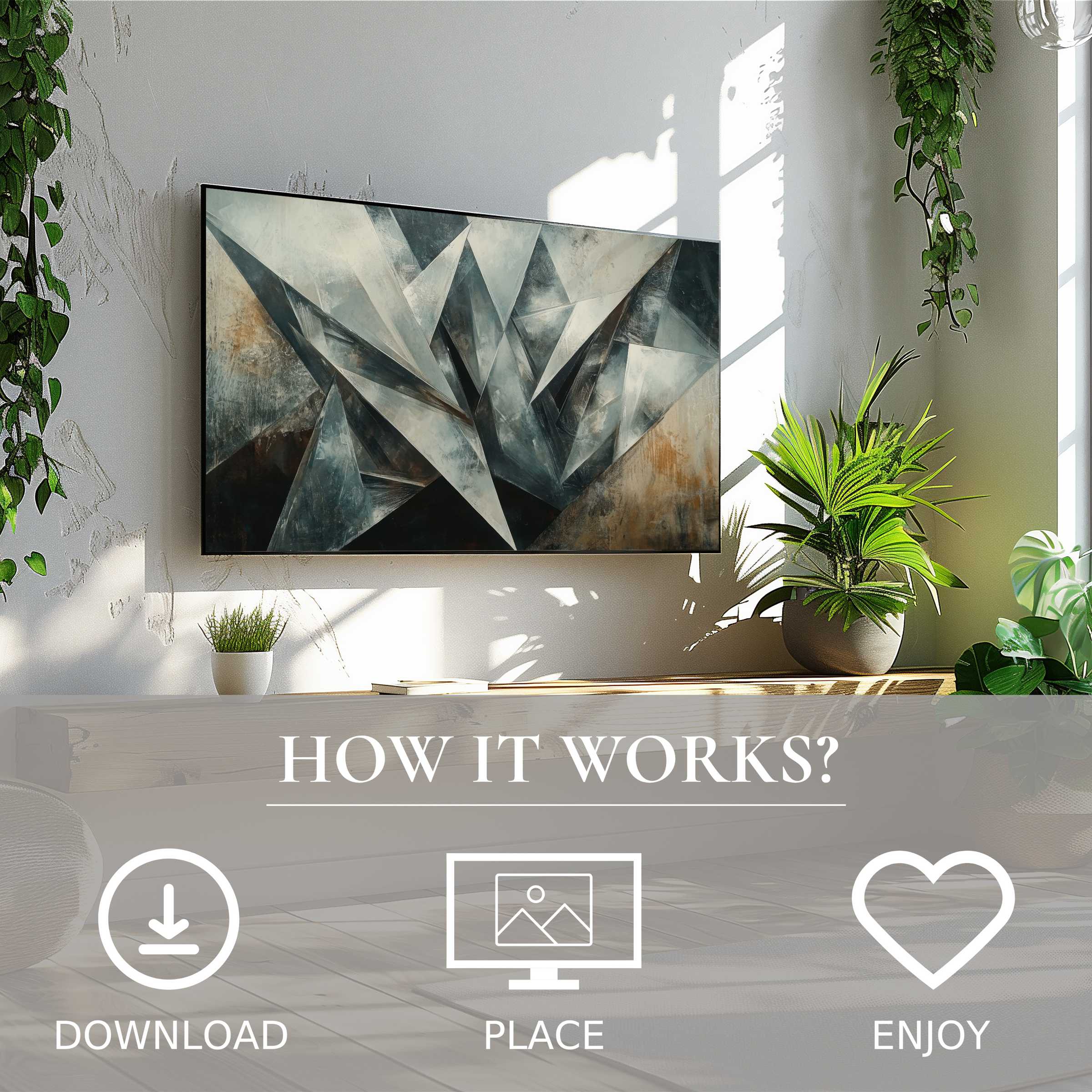 Abstract art for Samsung TV, geometric crystal motif, easy digital download enriches modern living spaces