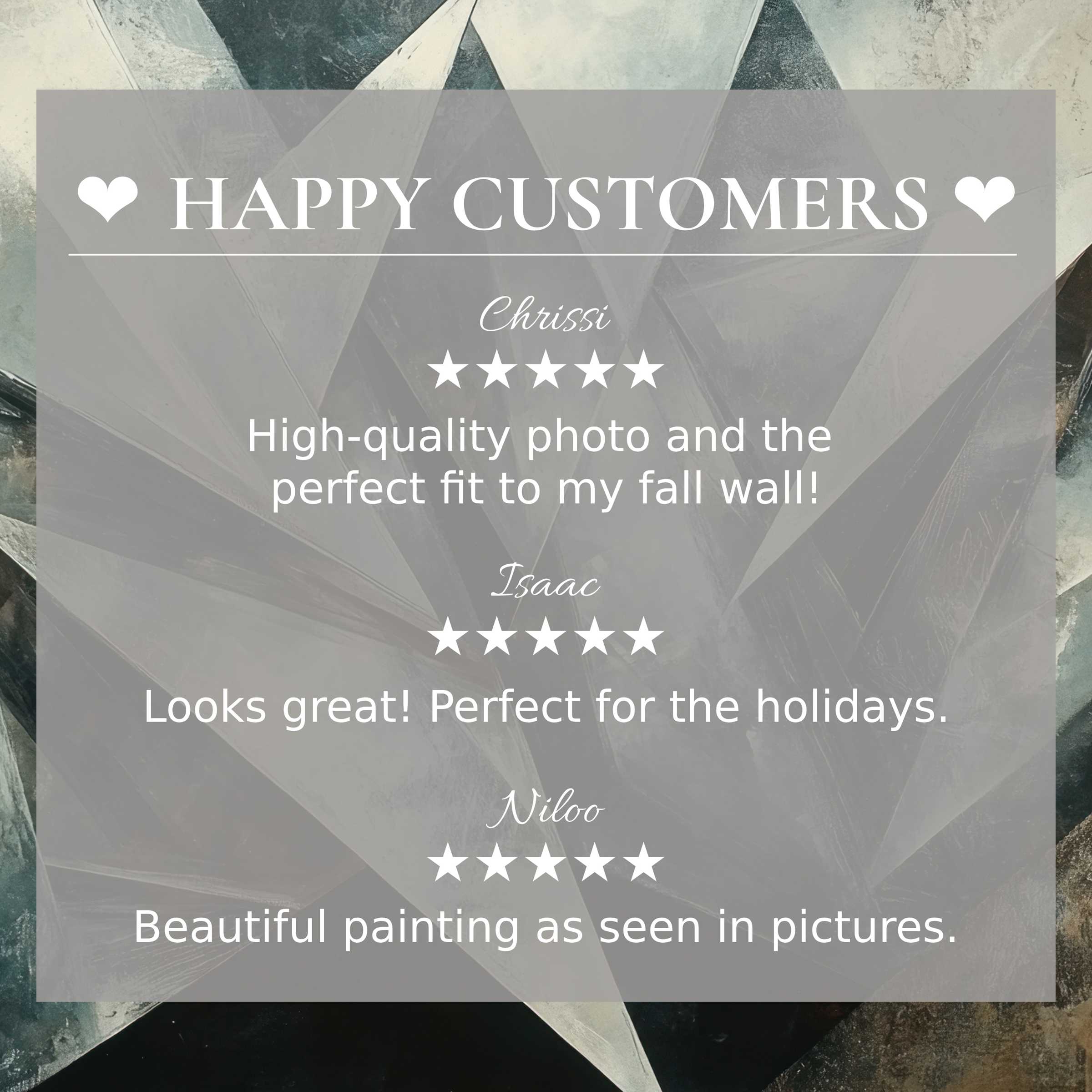 Refined testimonials from happy customer highlight elegant abstract art for Frame TV with sophisticated, muted geometric backdrop