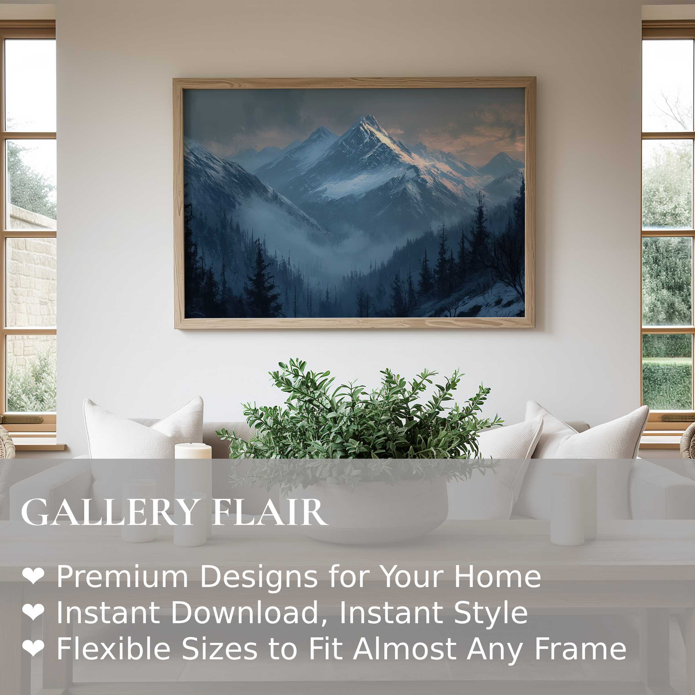 Moody landscape wall art print featuring misty alpine peaks and dense pine forests, enhancing serene modern living spaces with calm elegance