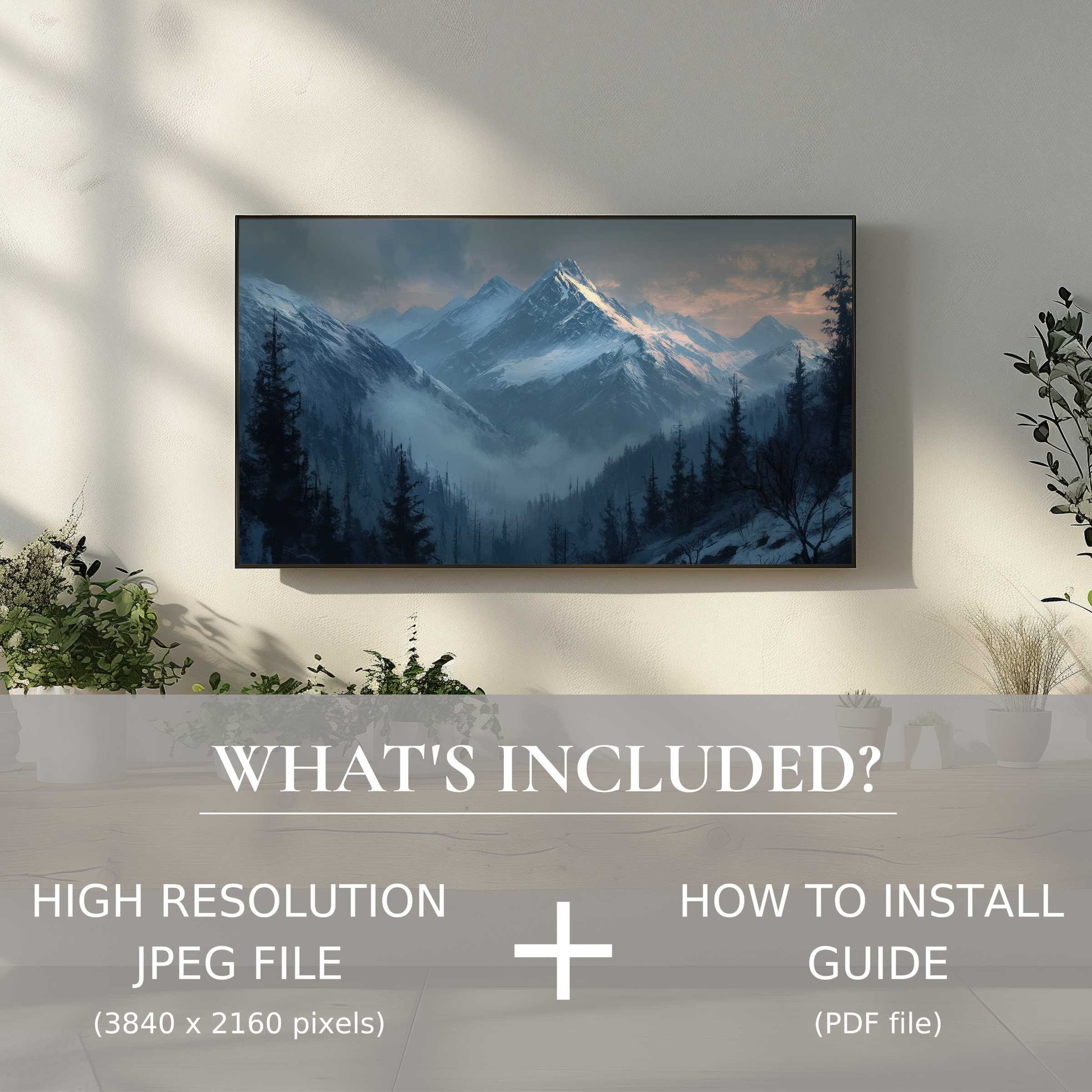 Elegant mountain landscape digital TV art download enhances living space with easy digital use and stylish decor appeal