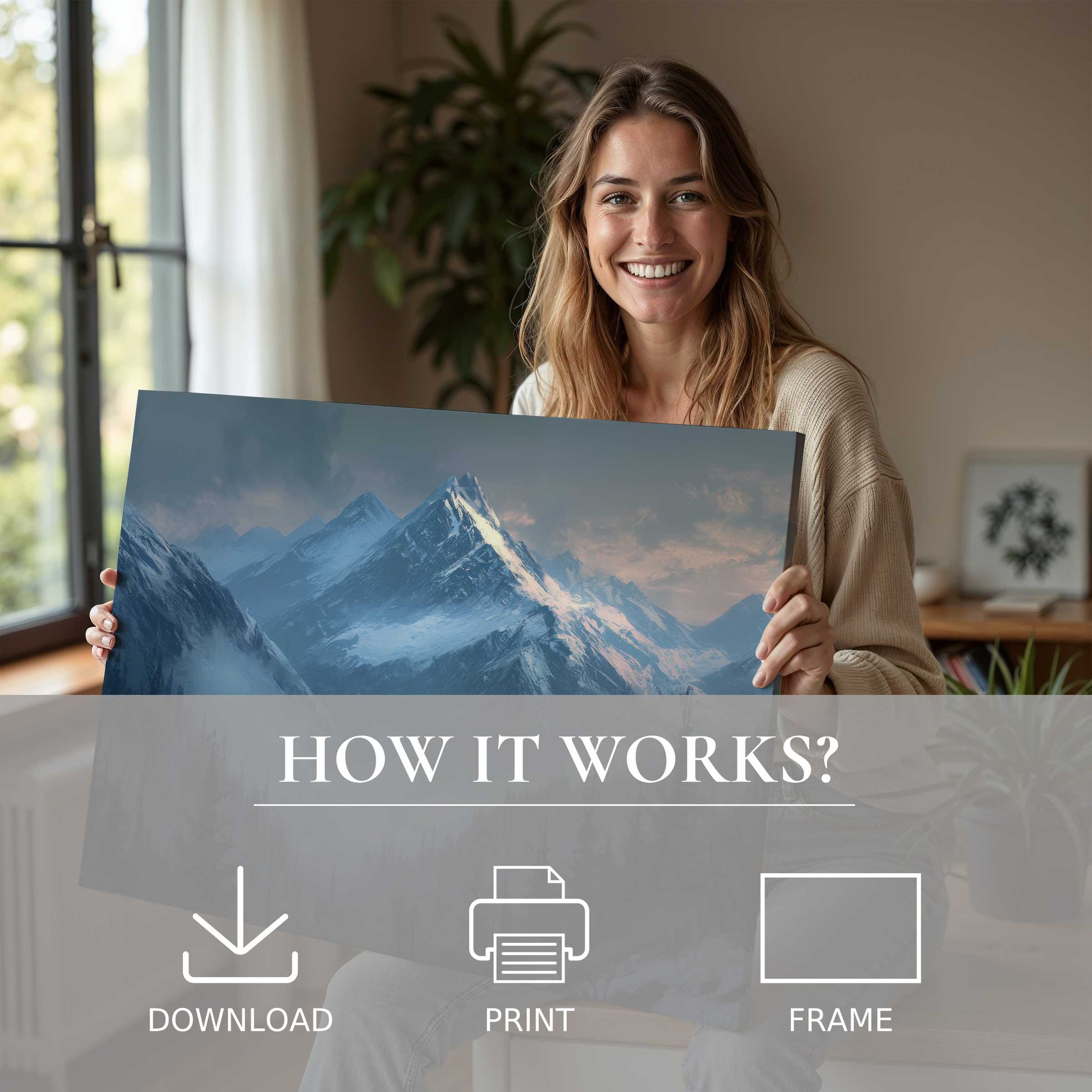 A joyful moment in a sunlit modern home, embracing the serene beauty of a landscape digital art print with ease and elegance